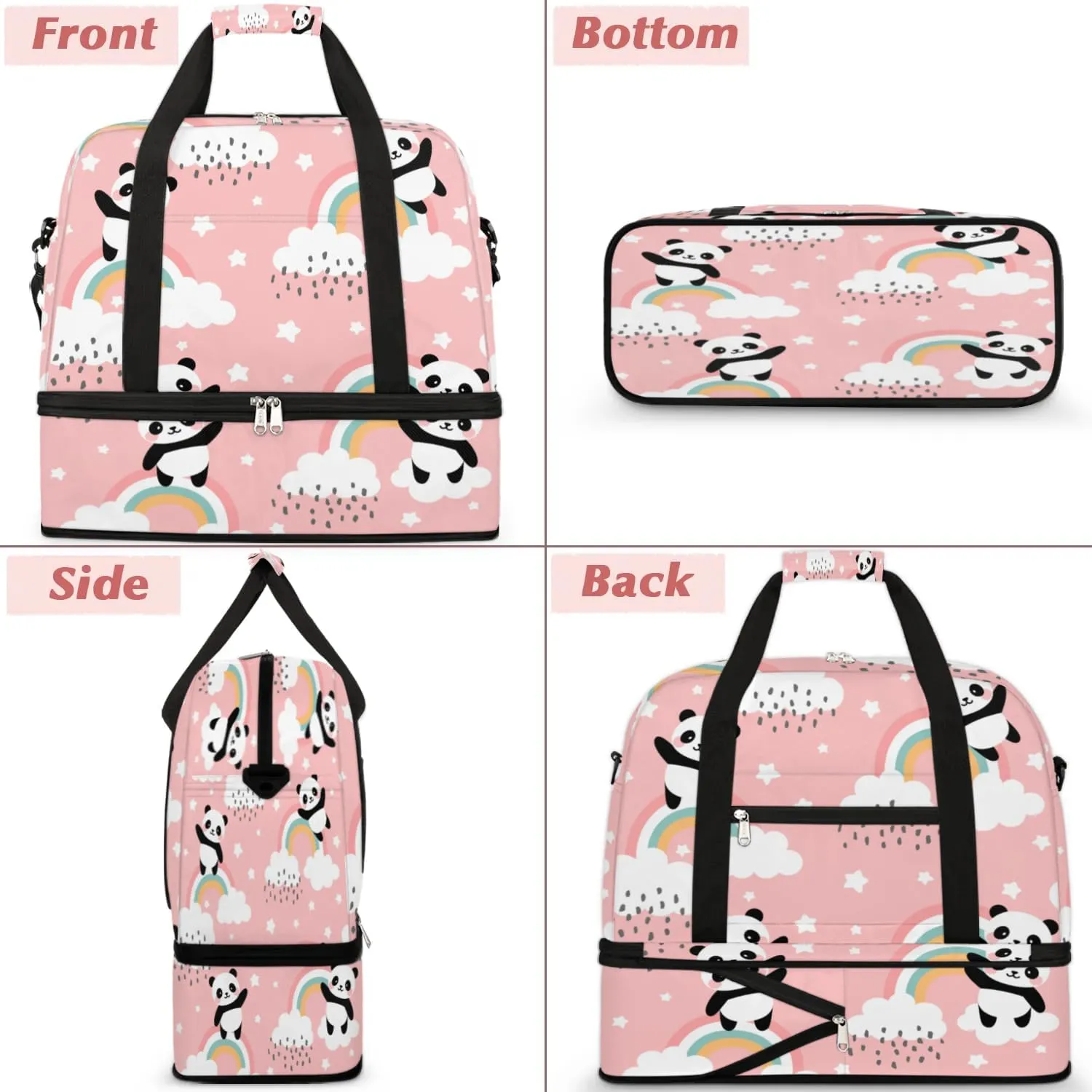 Panda Cloud Star Sports Gym Bag with Shoes Compartment Foldable Travel Duffel Bag Dry Wet Separated Sports Tote Workout Weekender Overnight Bag for Women Yoga Dance Work Training Handbag