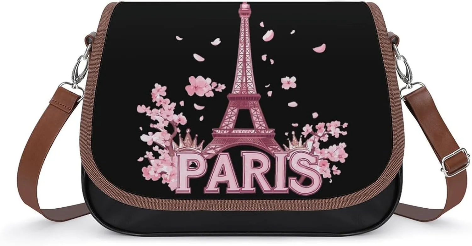 Paris Eiffel Tower Crossbody Bags PU Leather Purses Shoulder Handbag with Adjustable Shoulder Strap