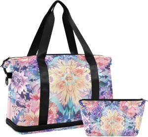 Peach Boho Floral Flowers Chinese Duffel Bags Weekender Overnight Bag with Adjustable Strap for Airplane Traveling Foldable