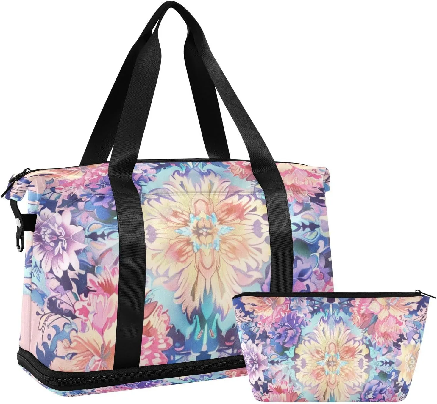 Peach Boho Floral Flowers Chinese Duffel Bags Weekender Overnight Bag with Adjustable Strap for Airplane Traveling Foldable