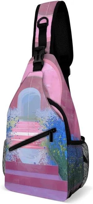 Peach Damask Pattern Crossbody Bag, Sling Bag, Sling Backpack, Belt Bags for Travel Outdoors Hiking