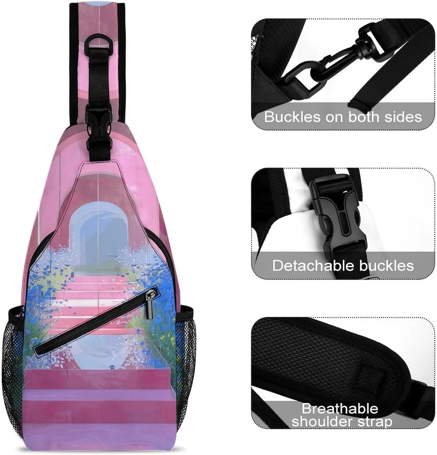 Peach Damask Pattern Crossbody Bag, Sling Bag, Sling Backpack, Belt Bags for Travel Outdoors Hiking