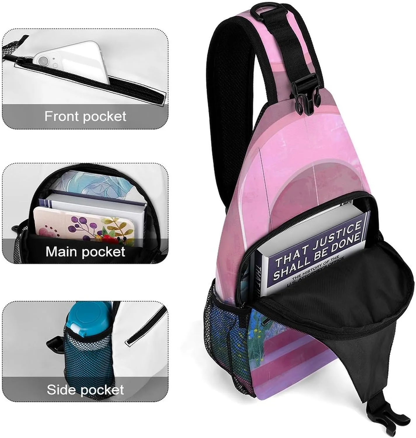 Peach Damask Pattern Crossbody Bag, Sling Bag, Sling Backpack, Belt Bags for Travel Outdoors Hiking