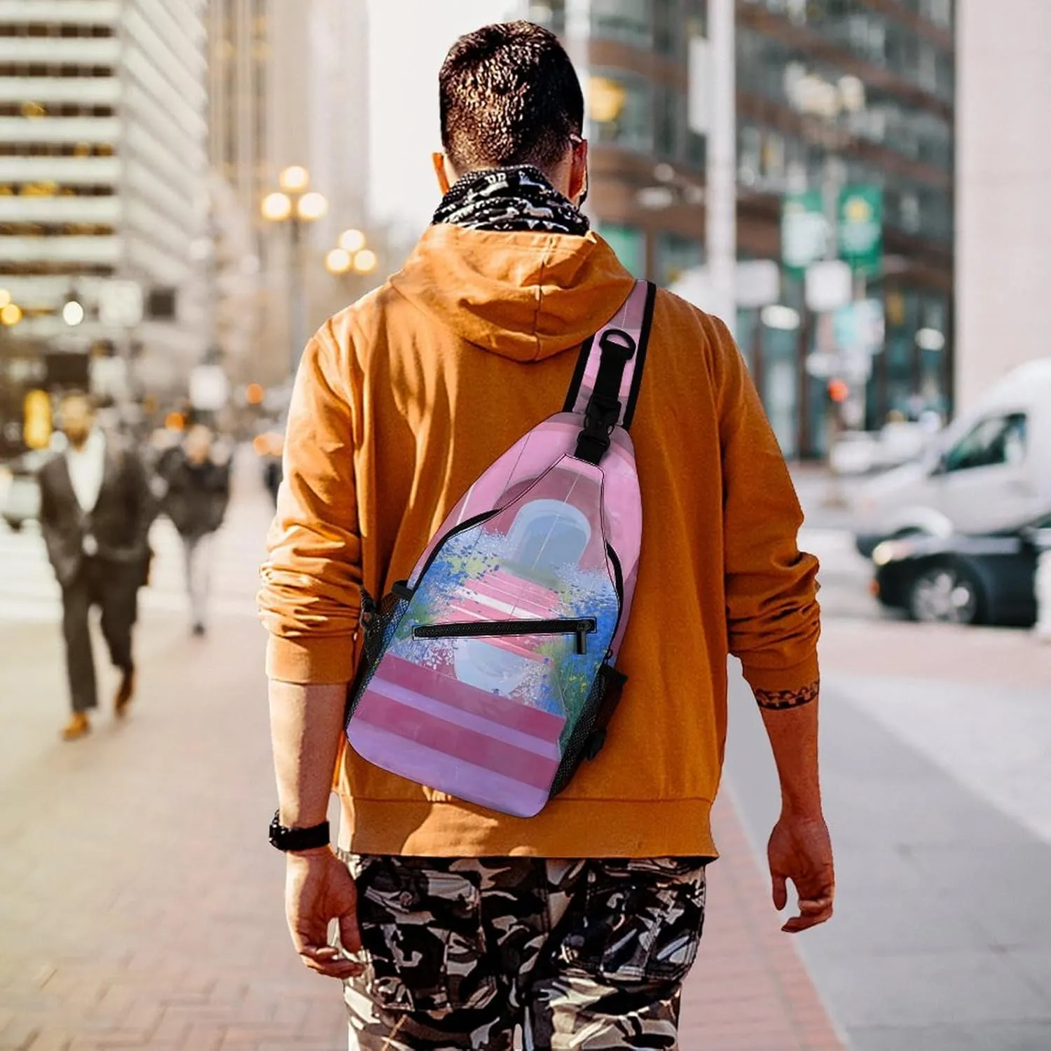 Peach Damask Pattern Crossbody Bag, Sling Bag, Sling Backpack, Belt Bags for Travel Outdoors Hiking