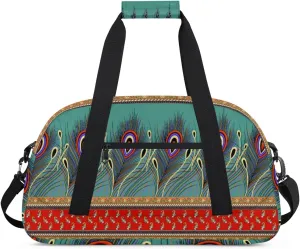 Peacock Feather Gym Duffel Bag for Men Women Ethnic Floral Sports Tote Bag with Adjustable Shoulder Strap for Dance Gymnastics Traveling Outdoor Camping Overnight Stay
