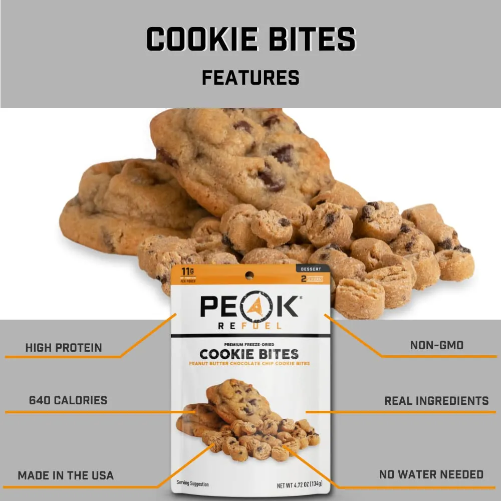 Peak Refuel Cookie Dessert Bites | Peanut Butter Chocolate Chip Cookies | Freeze Dried Backpacking and Camping Food | Tasty Trail Treat | High Protein Snack Packs (Cookie 10-Pack)