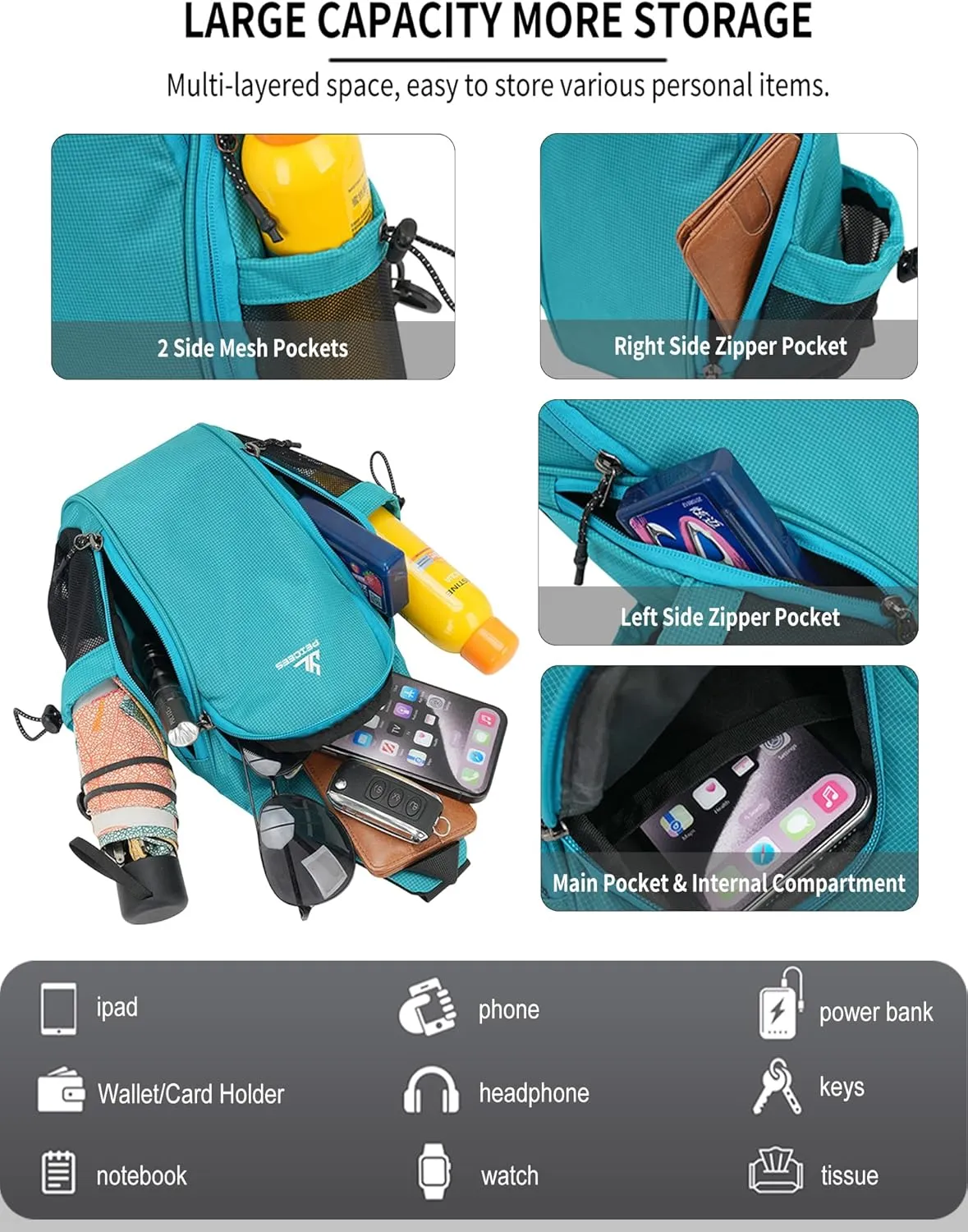 Peicees Small Sling Bag with 2 Bottle Holders, Sling Backpack Crossbody Bag Chest Daypack for Daily Use Travel, Bottle Not Included, Sky Blue