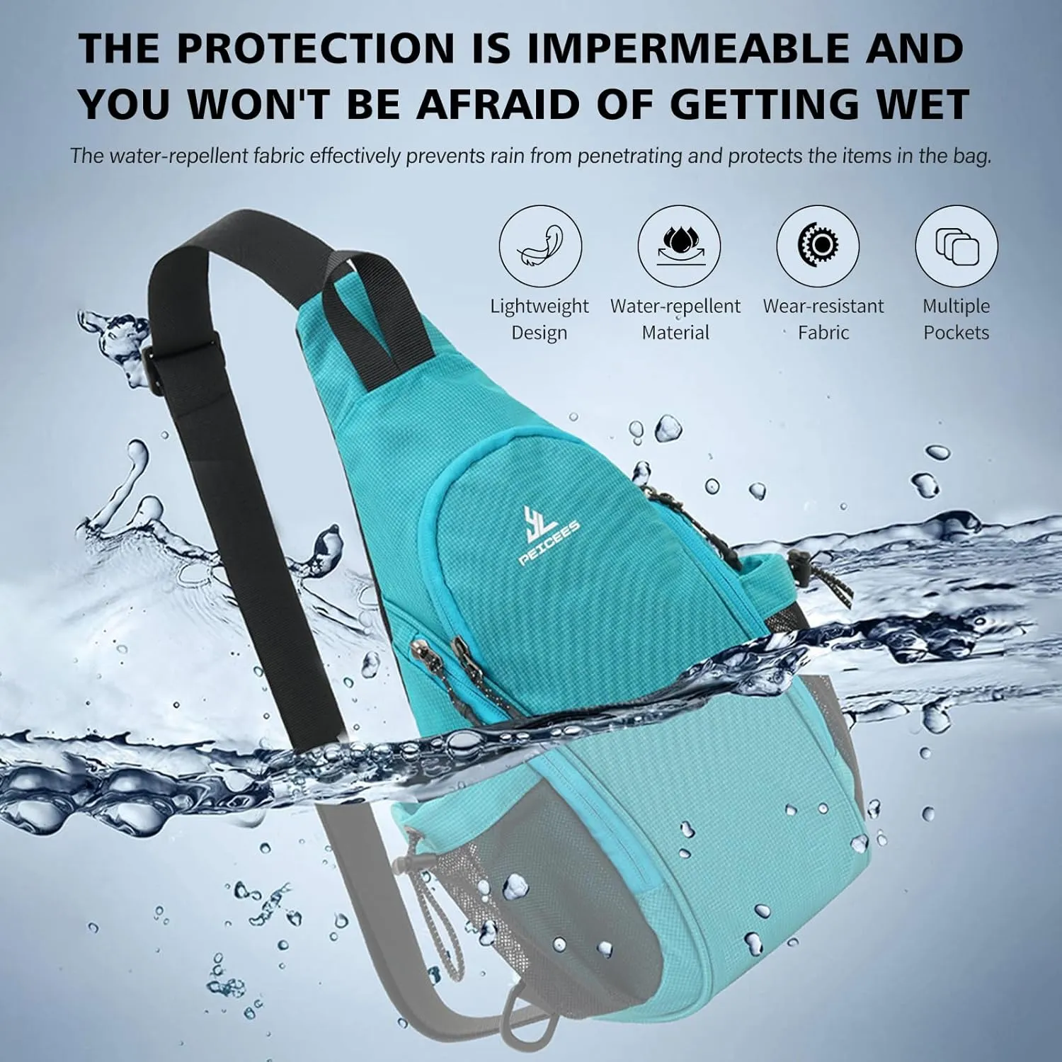 Peicees Small Sling Bag with 2 Bottle Holders, Sling Backpack Crossbody Bag Chest Daypack for Daily Use Travel, Bottle Not Included, Sky Blue