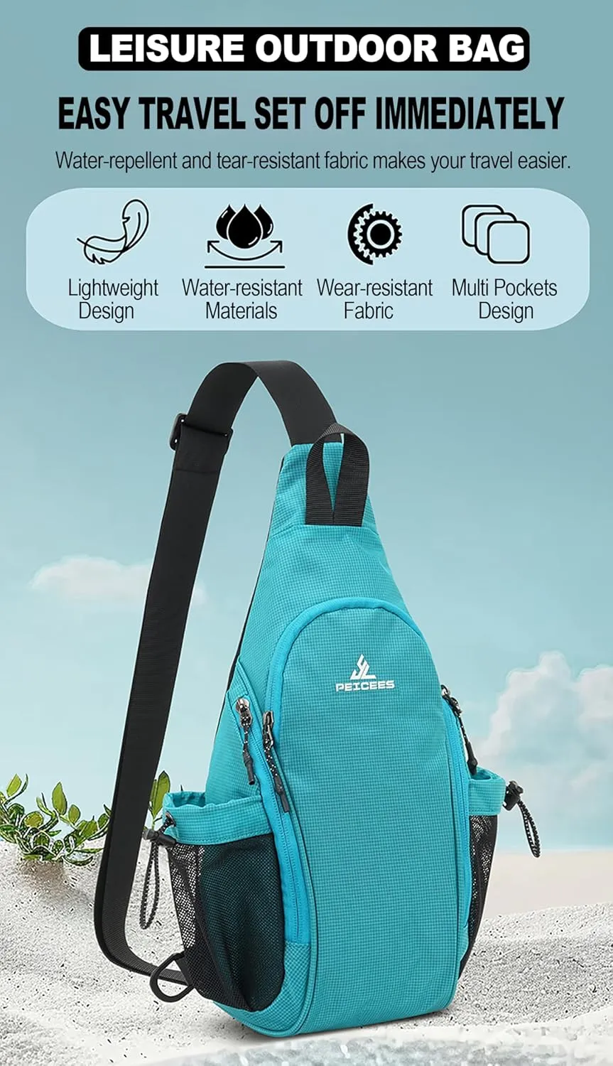 Peicees Small Sling Bag with 2 Bottle Holders, Sling Backpack Crossbody Bag Chest Daypack for Daily Use Travel, Bottle Not Included, Sky Blue