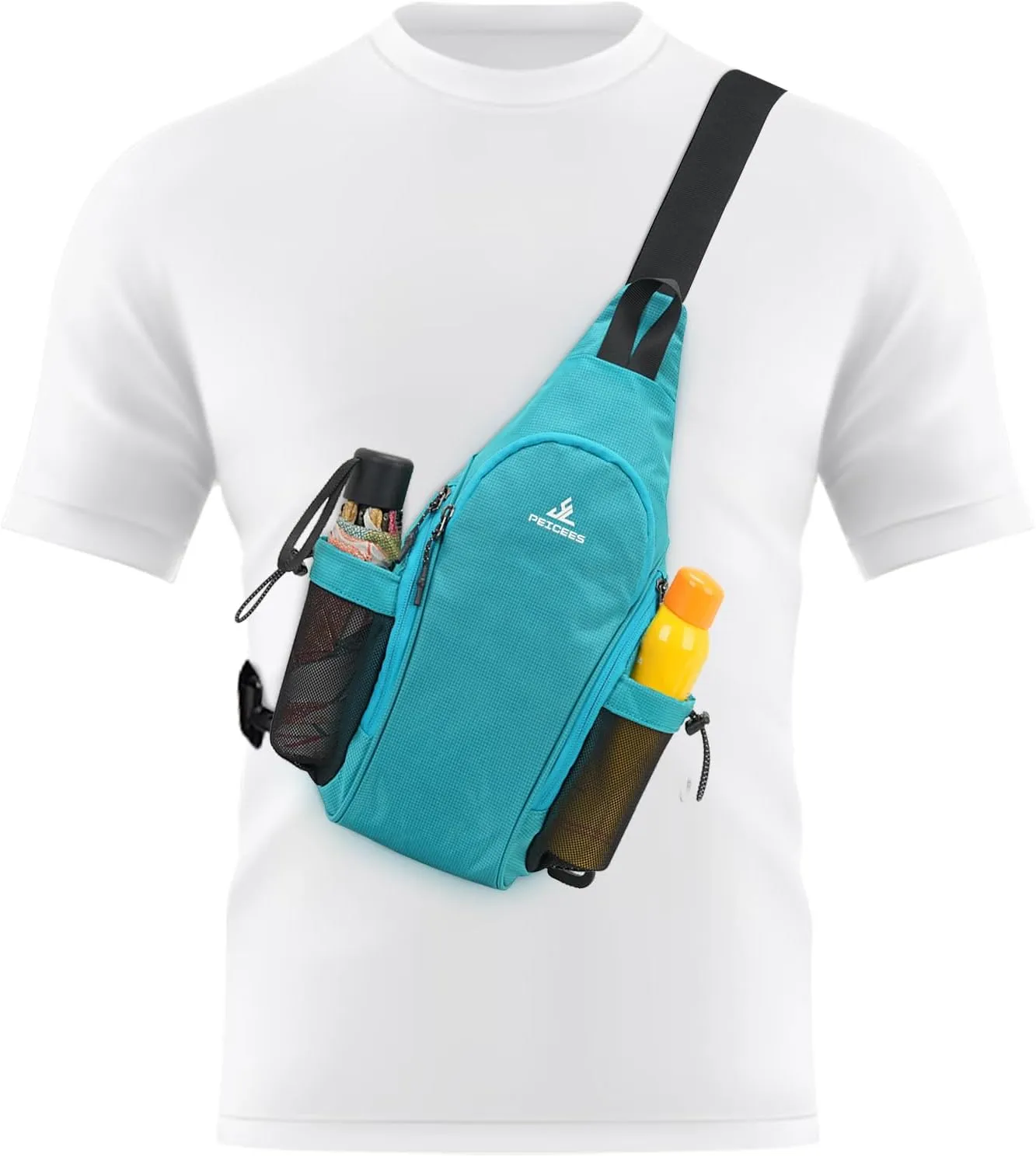 Peicees Small Sling Bag with 2 Bottle Holders, Sling Backpack Crossbody Bag Chest Daypack for Daily Use Travel, Bottle Not Included, Sky Blue