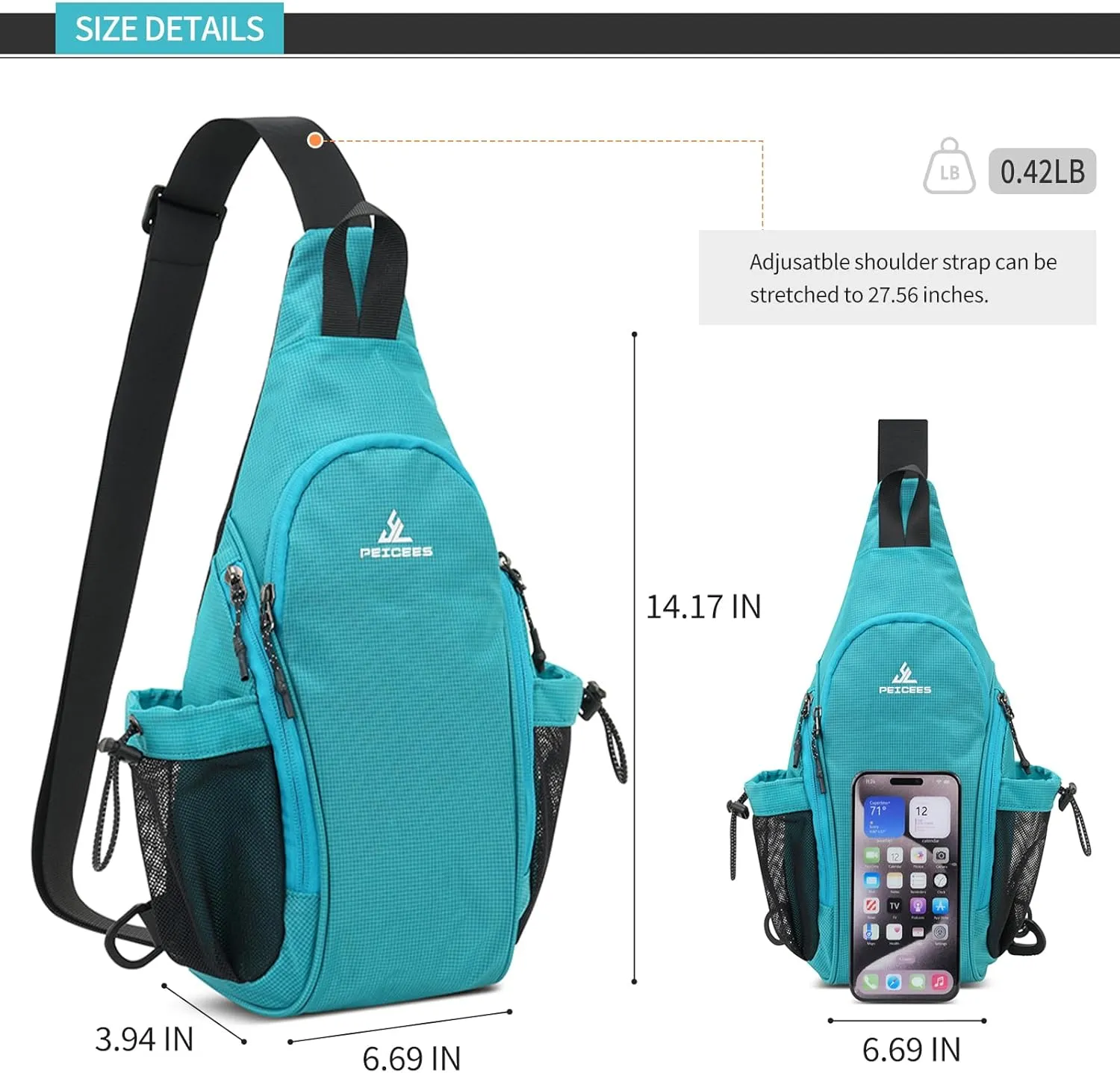 Peicees Small Sling Bag with 2 Bottle Holders, Sling Backpack Crossbody Bag Chest Daypack for Daily Use Travel, Bottle Not Included, Sky Blue
