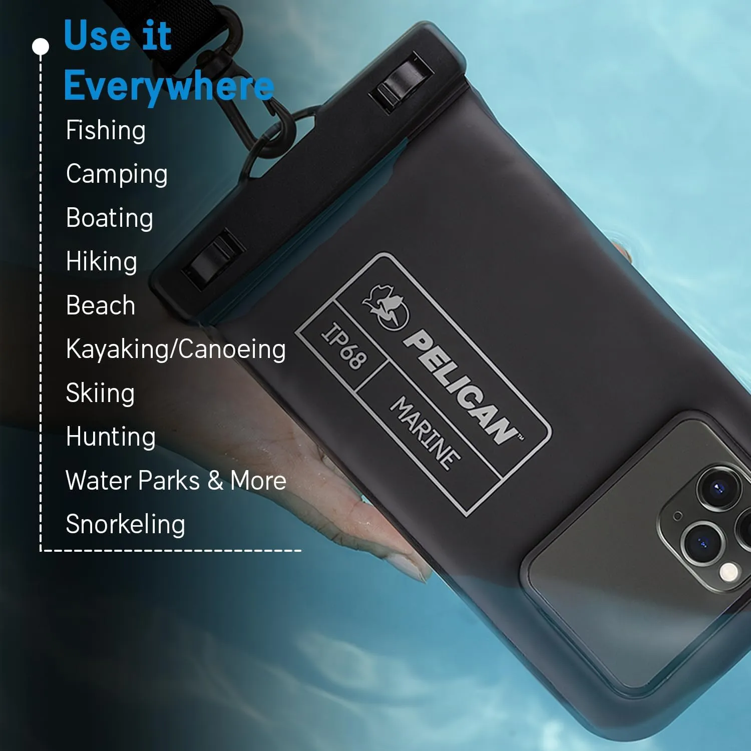 Pelican 4 Pack Marine - IP68 Waterproof Phone Pouch (Regular Size) Floating Waterproof Phone Case - Beach Cruise Ship Travel Essentials - Works with All Phones - Detachable Lanyard - Black
