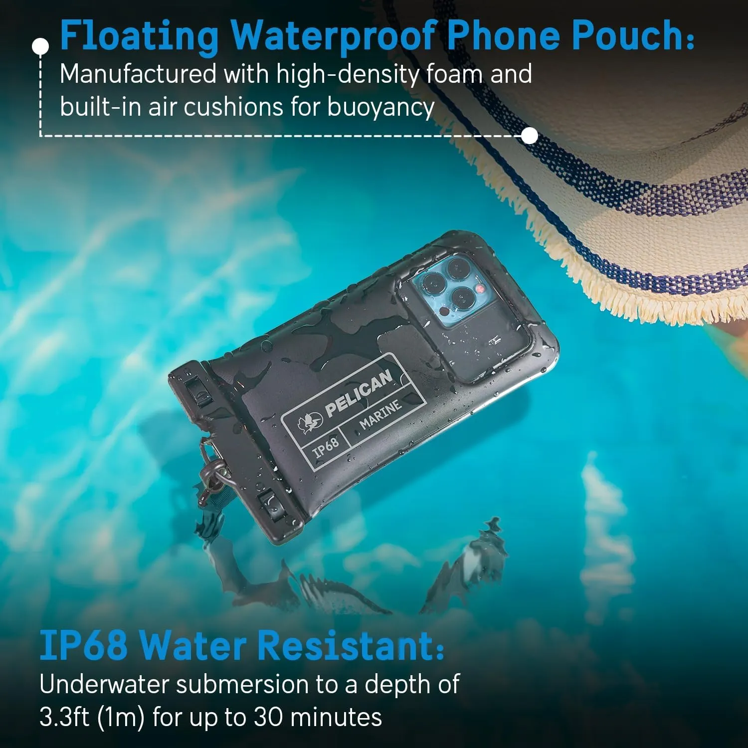 Pelican 4 Pack Marine - IP68 Waterproof Phone Pouch (Regular Size) Floating Waterproof Phone Case - Beach Cruise Ship Travel Essentials - Works with All Phones - Detachable Lanyard - Black