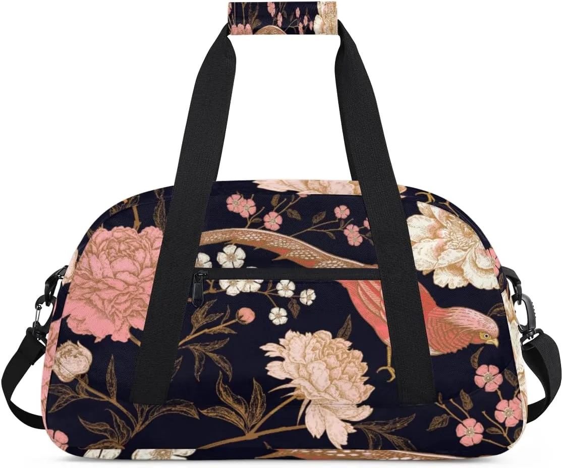 Peony Gym Duffel Bag for Men Women Animal Bird Sports Tote Bag with Adjustable Shoulder Strap for Dance Gymnastics Traveling Outdoor Camping Overnight Stay
