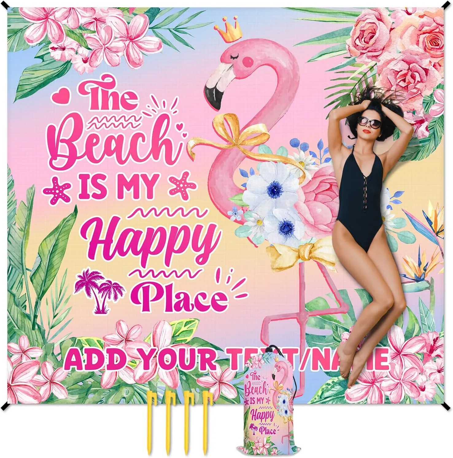 Personalized Beach Blanket Waterproof Sandproof, 86x78 Inches Custom Large Flamingo Beach Mat for 4-6 Adults, Pink Lightweight Windproof Picnic Blanket with 4 Corner Pockets for Outdoor, Camping