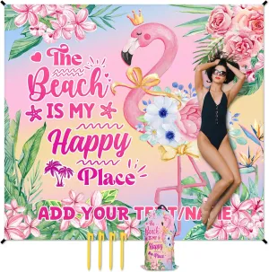Personalized Beach Blanket Waterproof Sandproof, 86x78 Inches Custom Large Flamingo Beach Mat for 4-6 Adults, Pink Lightweight Windproof Picnic Blanket with 4 Corner Pockets for Outdoor, Camping