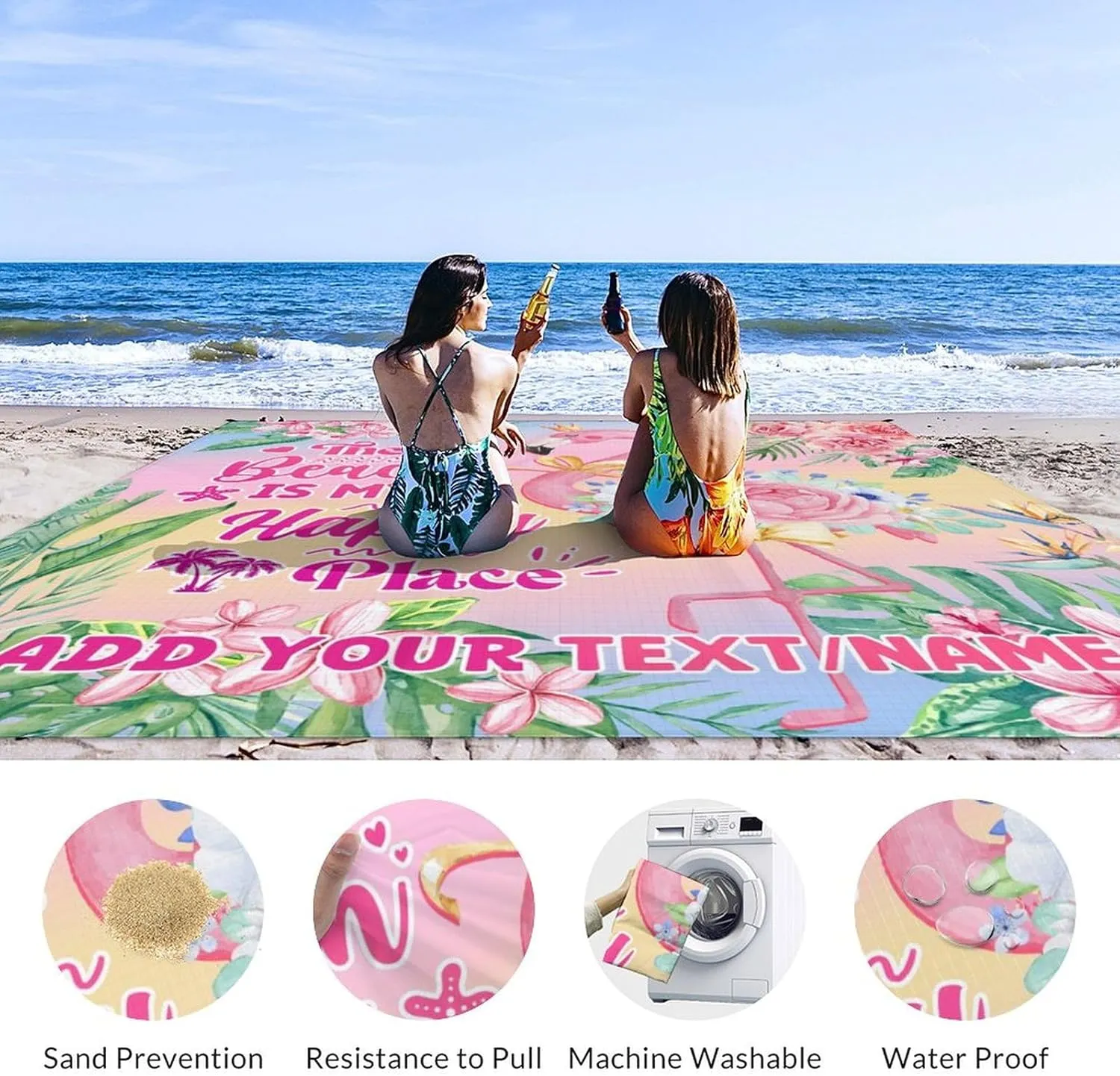 Personalized Beach Blanket Waterproof Sandproof, 86x78 Inches Custom Large Flamingo Beach Mat for 4-6 Adults, Pink Lightweight Windproof Picnic Blanket with 4 Corner Pockets for Outdoor, Camping