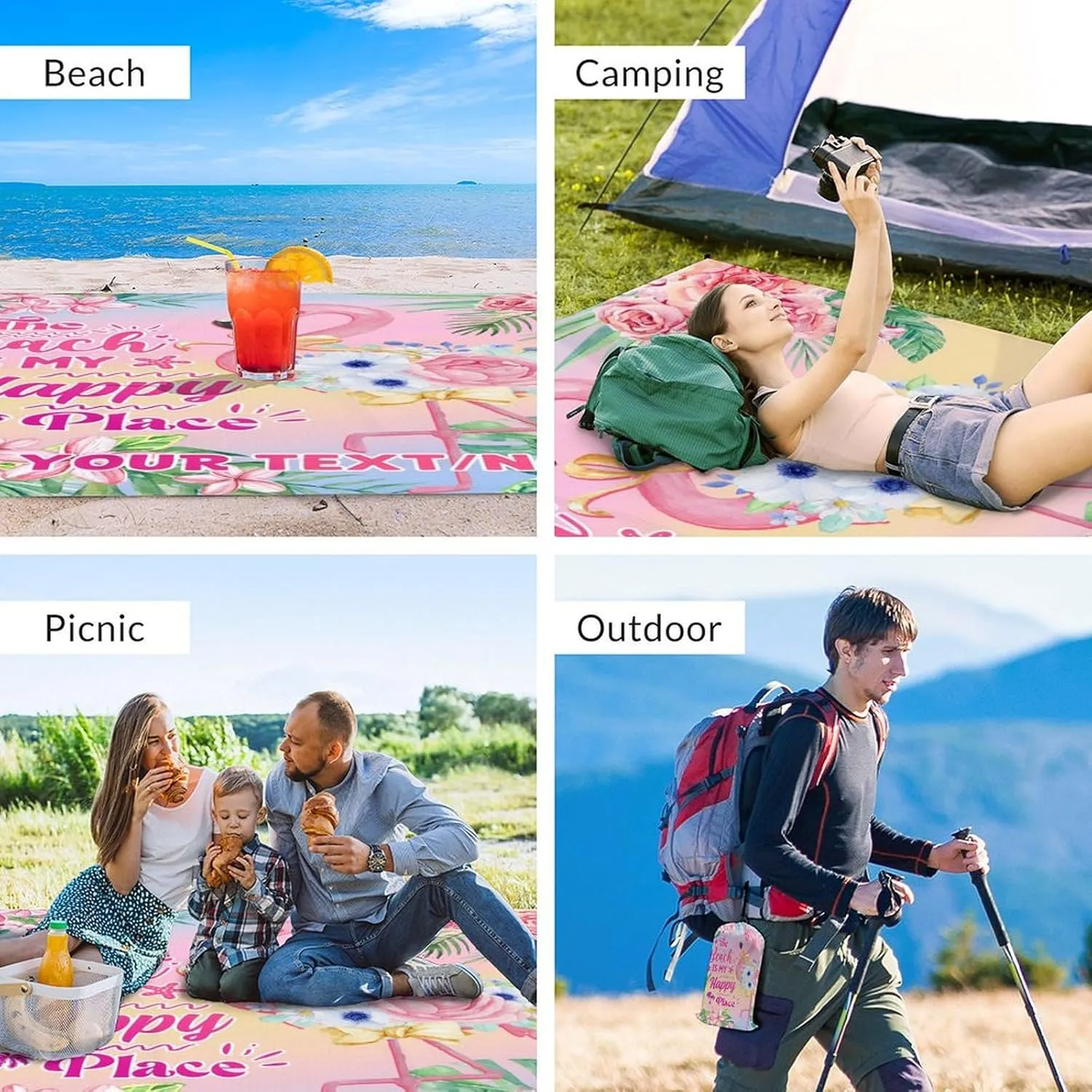 Personalized Beach Blanket Waterproof Sandproof, 86x78 Inches Custom Large Flamingo Beach Mat for 4-6 Adults, Pink Lightweight Windproof Picnic Blanket with 4 Corner Pockets for Outdoor, Camping