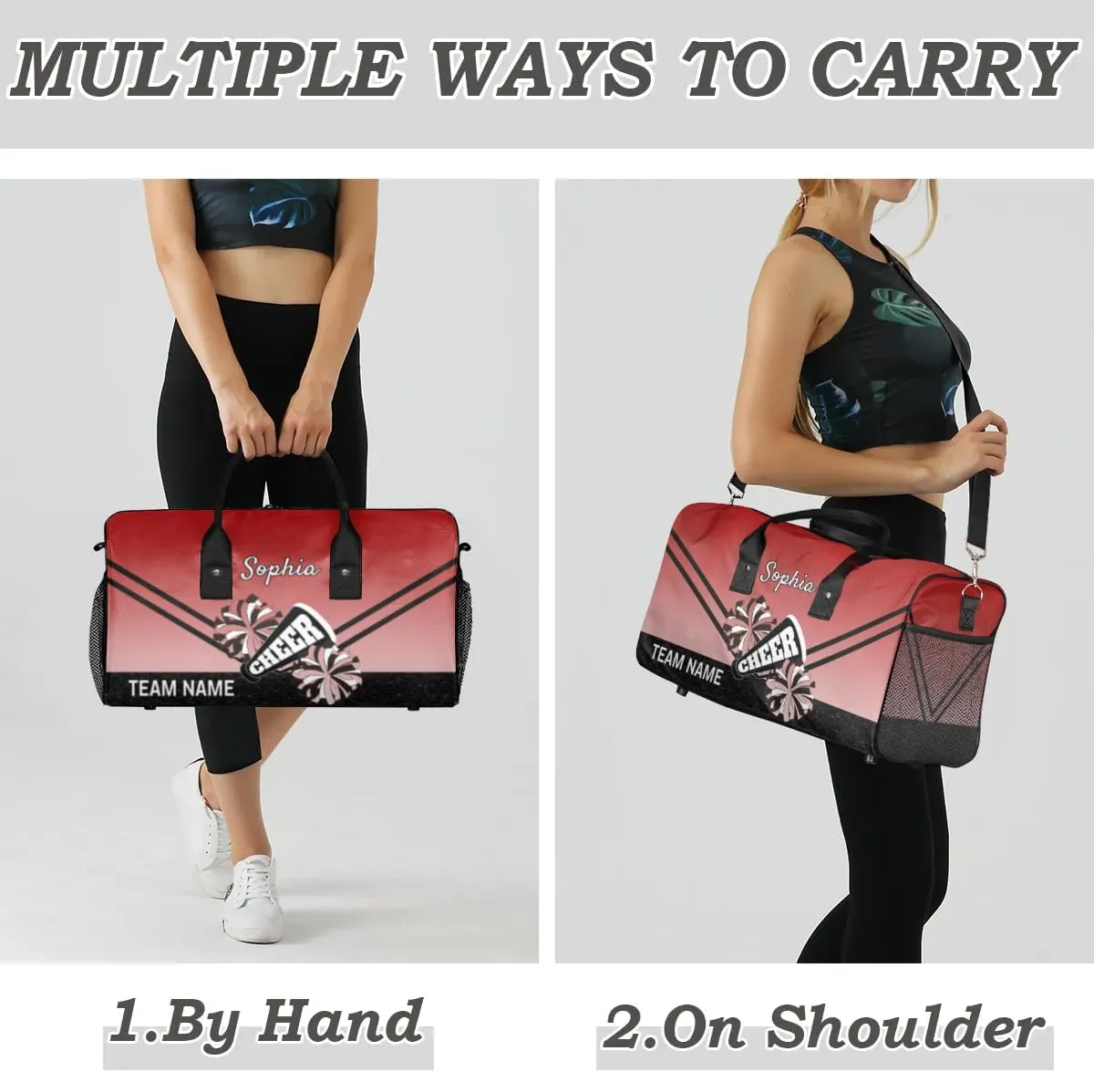 Personalized Cheerleader Cheer Bag Sport Duffel Bag with Team Name for Women Customized Name Travel Overnight Weekender Bags, Deep Red Gradient Cheerleading