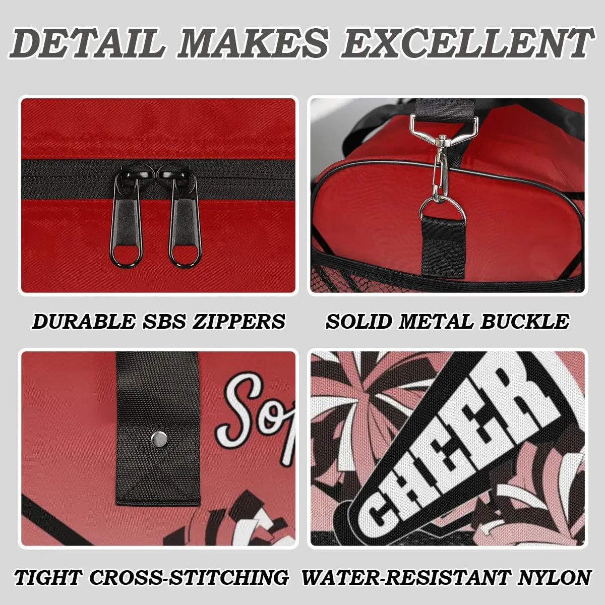 Personalized Cheerleader Cheer Bag Sport Duffel Bag with Team Name for Women Customized Name Travel Overnight Weekender Bags, Deep Red Gradient Cheerleading