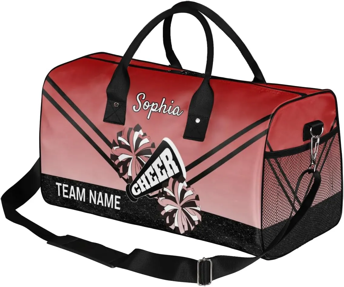 Personalized Cheerleader Cheer Bag Sport Duffel Bag with Team Name for Women Customized Name Travel Overnight Weekender Bags, Deep Red Gradient Cheerleading