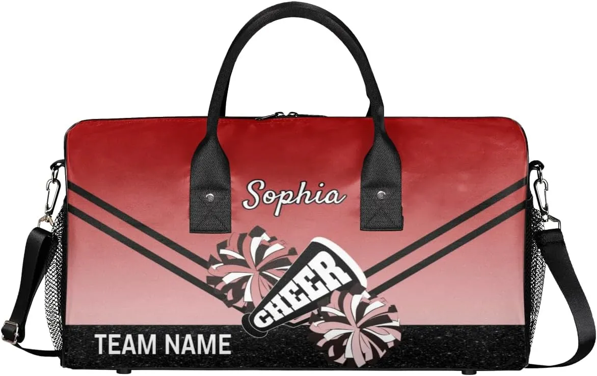 Personalized Cheerleader Cheer Bag Sport Duffel Bag with Team Name for Women Customized Name Travel Overnight Weekender Bags, Deep Red Gradient Cheerleading