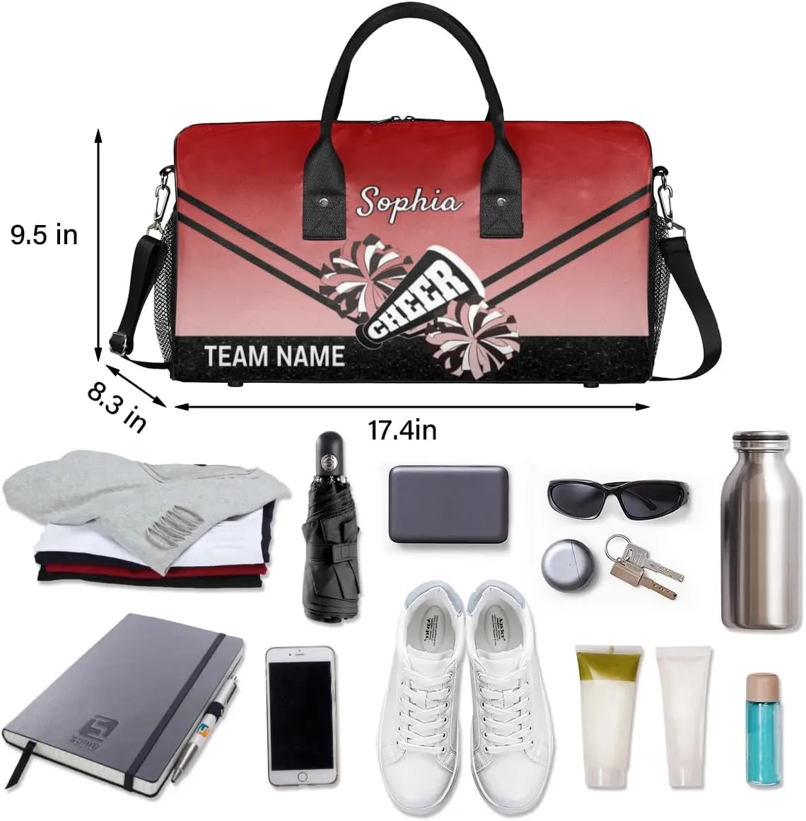 Personalized Cheerleader Cheer Bag Sport Duffel Bag with Team Name for Women Customized Name Travel Overnight Weekender Bags, Deep Red Gradient Cheerleading