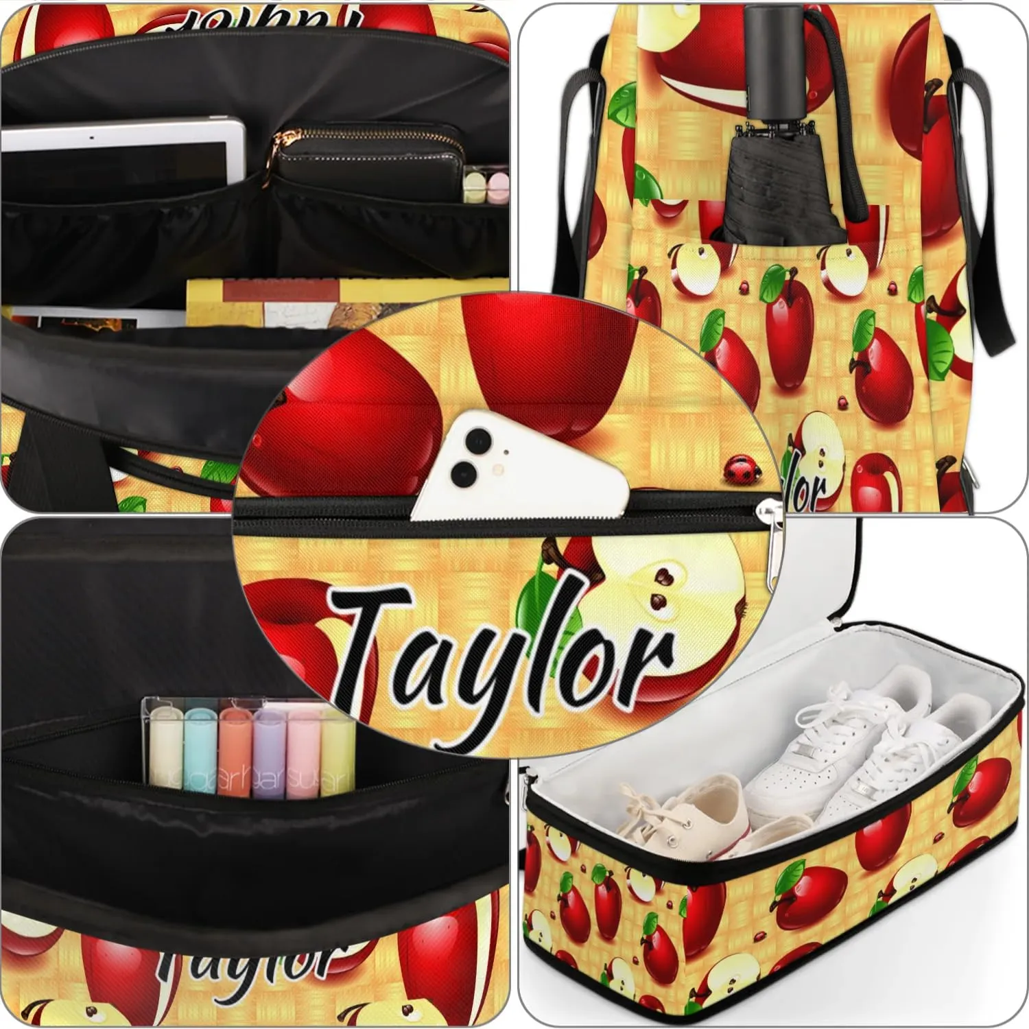 Personalized Duffel Bag with Name, Custom Apples Fruit Travel Sports Gym Yoga Beach Bag Customized Weekender Overnight Bag with Shoes Compartment for Women, Farmhouse