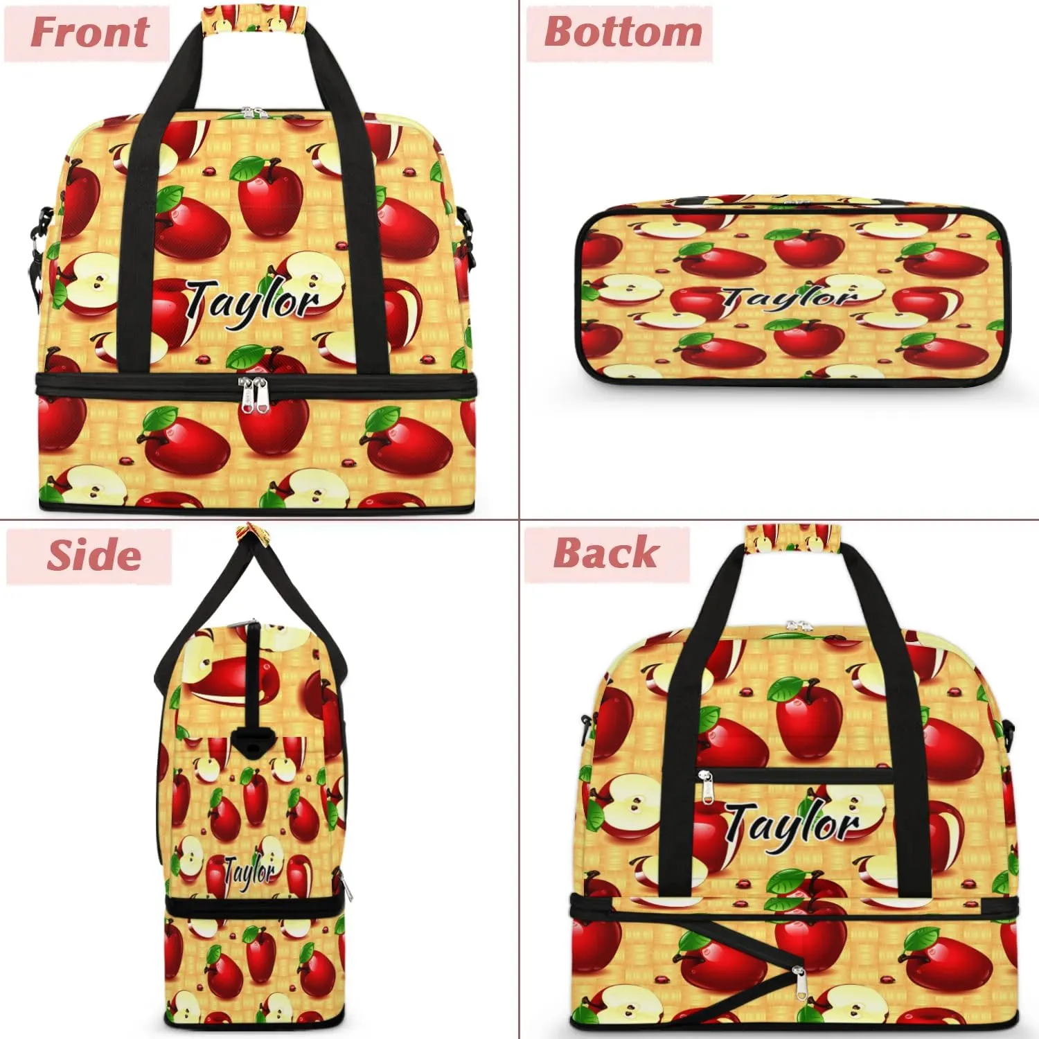 Personalized Duffel Bag with Name, Custom Apples Fruit Travel Sports Gym Yoga Beach Bag Customized Weekender Overnight Bag with Shoes Compartment for Women, Farmhouse