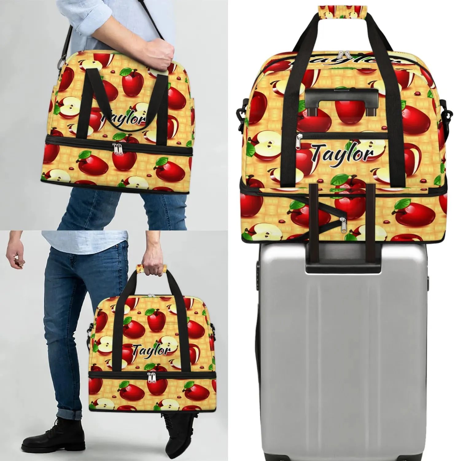 Personalized Duffel Bag with Name, Custom Apples Fruit Travel Sports Gym Yoga Beach Bag Customized Weekender Overnight Bag with Shoes Compartment for Women, Farmhouse