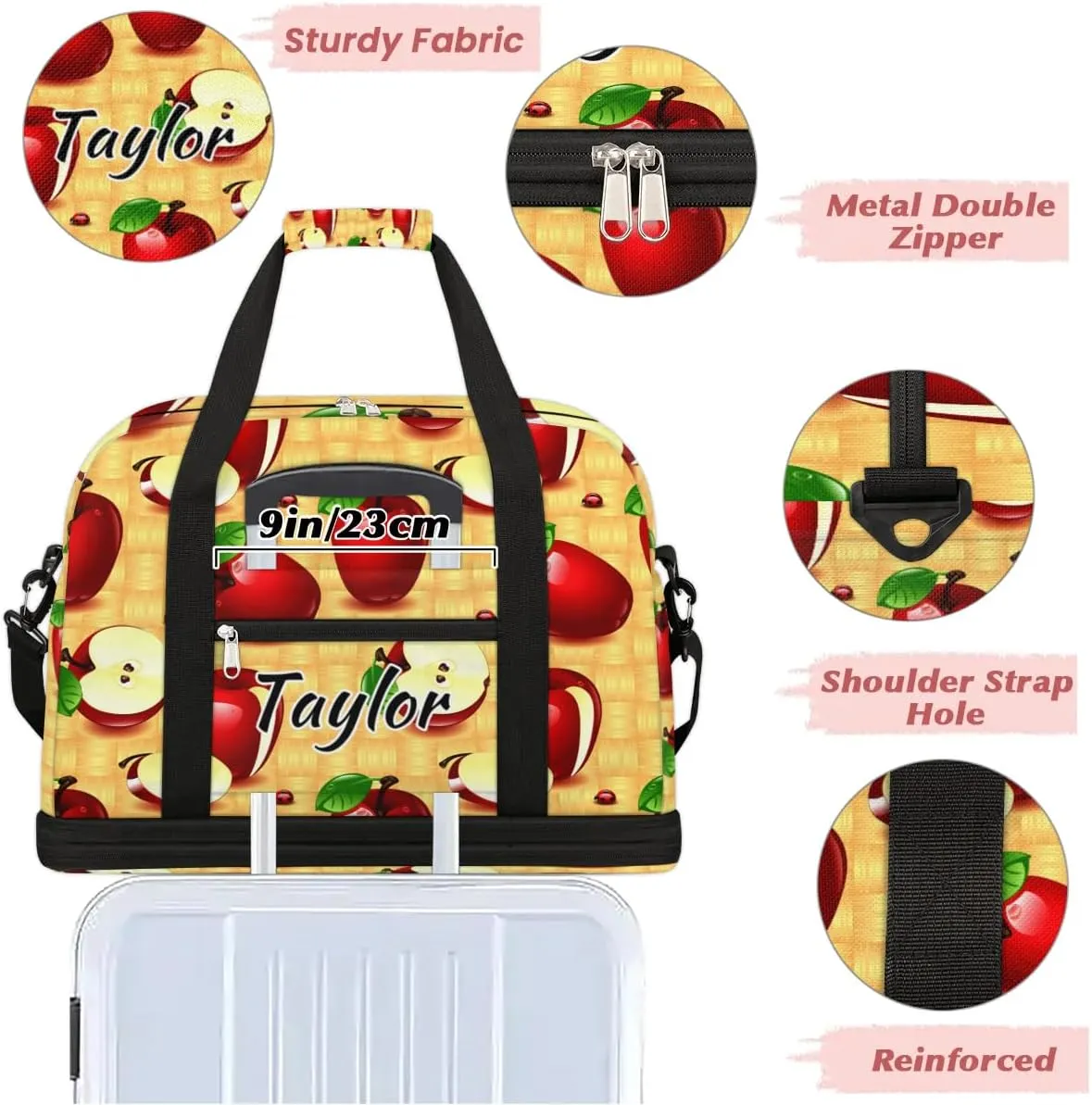 Personalized Duffel Bag with Name, Custom Apples Fruit Travel Sports Gym Yoga Beach Bag Customized Weekender Overnight Bag with Shoes Compartment for Women, Farmhouse
