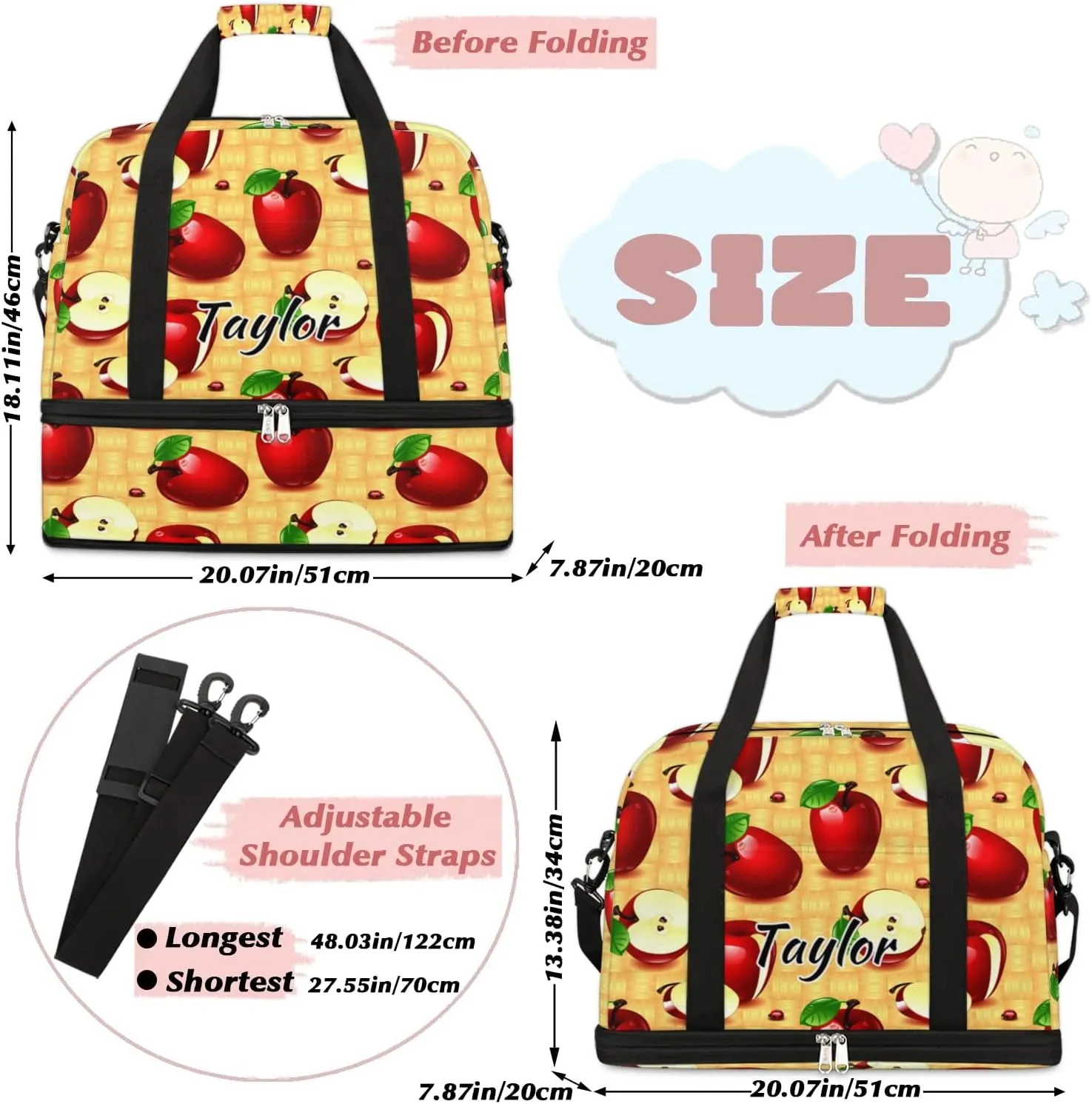 Personalized Duffel Bag with Name, Custom Apples Fruit Travel Sports Gym Yoga Beach Bag Customized Weekender Overnight Bag with Shoes Compartment for Women, Farmhouse