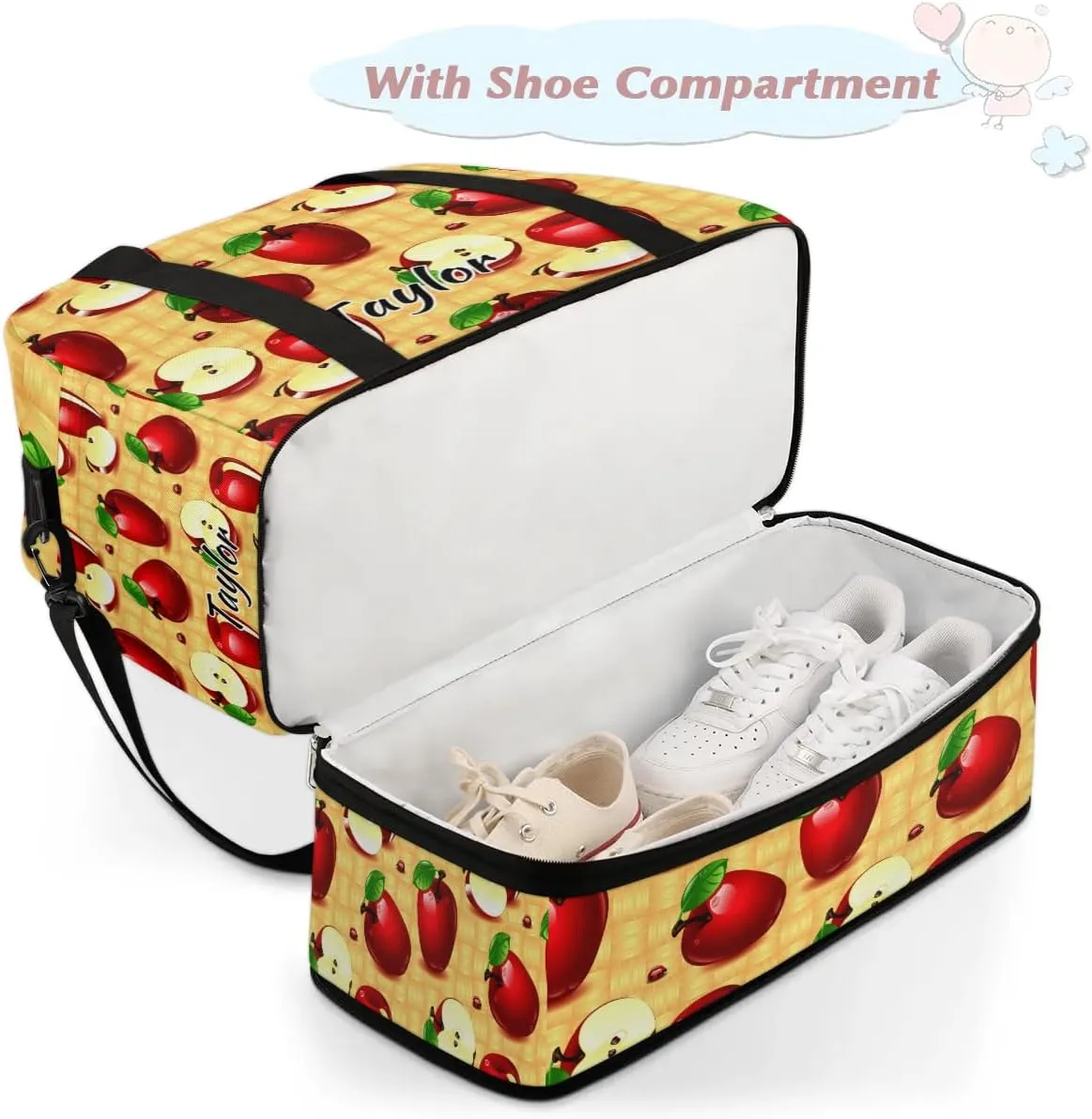 Personalized Duffel Bag with Name, Custom Apples Fruit Travel Sports Gym Yoga Beach Bag Customized Weekender Overnight Bag with Shoes Compartment for Women, Farmhouse