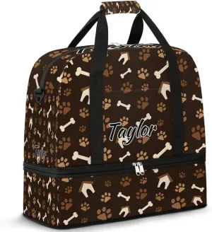 Personalized Duffel Bag with Name, Custom Dog Paw Print Travel Sports Gym Yoga Beach Bag Customized Weekender Overnight Bag with Shoes Compartment for Women, Footprint with Bones