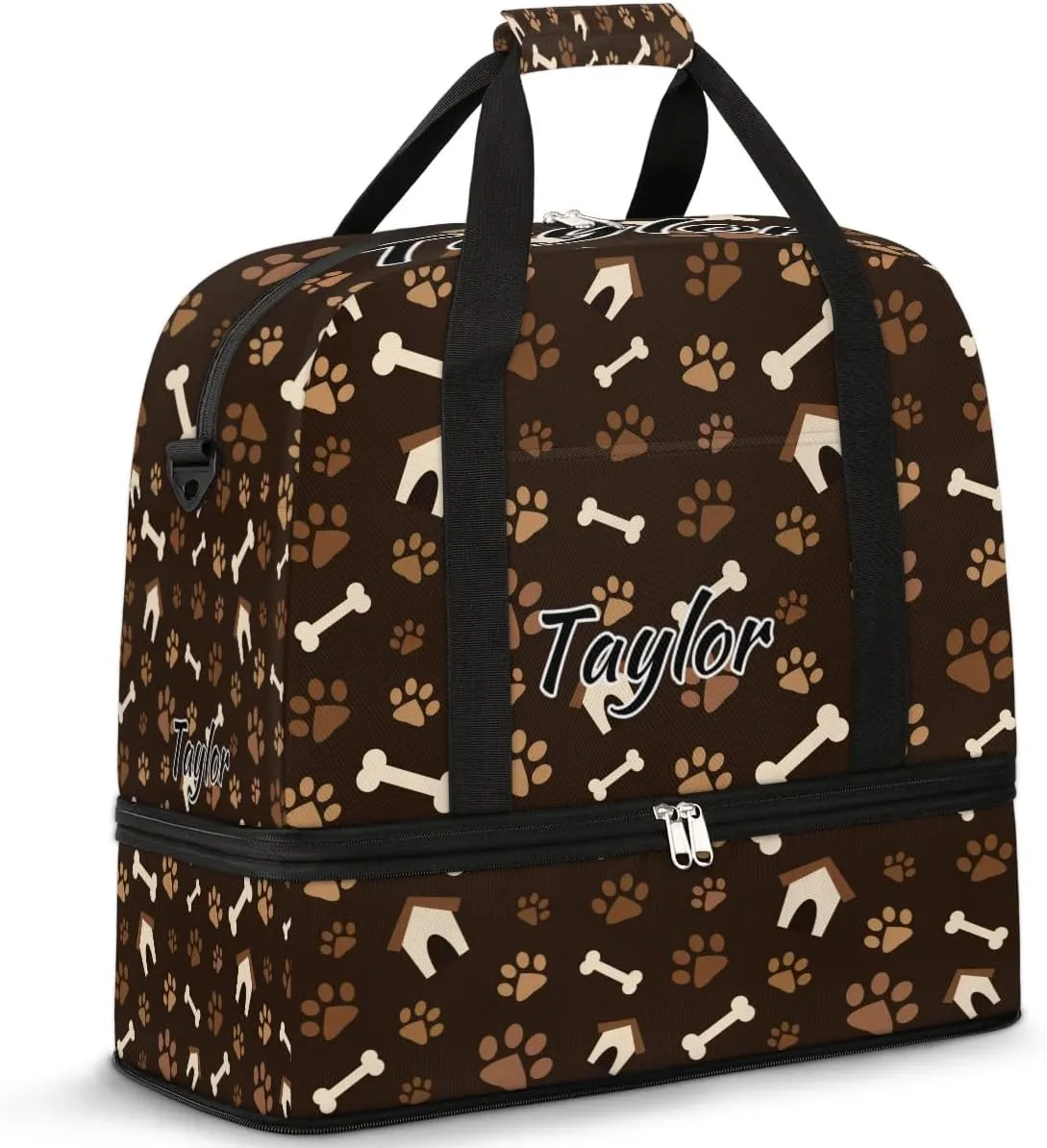 Personalized Duffel Bag with Name, Custom Dog Paw Print Travel Sports Gym Yoga Beach Bag Customized Weekender Overnight Bag with Shoes Compartment for Women, Footprint with Bones