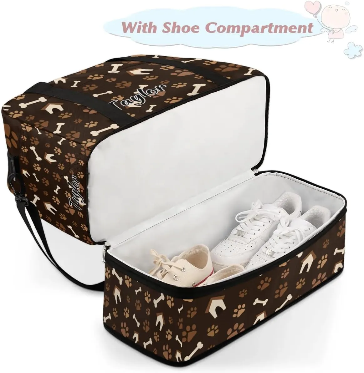 Personalized Duffel Bag with Name, Custom Dog Paw Print Travel Sports Gym Yoga Beach Bag Customized Weekender Overnight Bag with Shoes Compartment for Women, Footprint with Bones