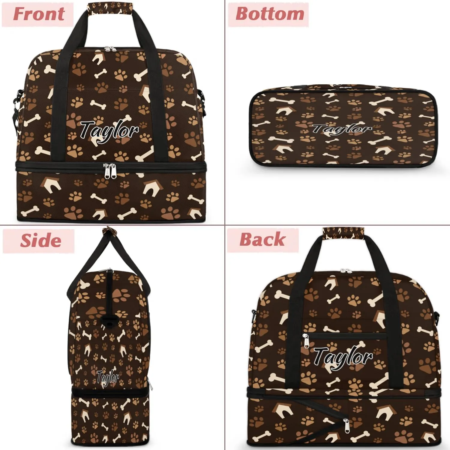 Personalized Duffel Bag with Name, Custom Dog Paw Print Travel Sports Gym Yoga Beach Bag Customized Weekender Overnight Bag with Shoes Compartment for Women, Footprint with Bones