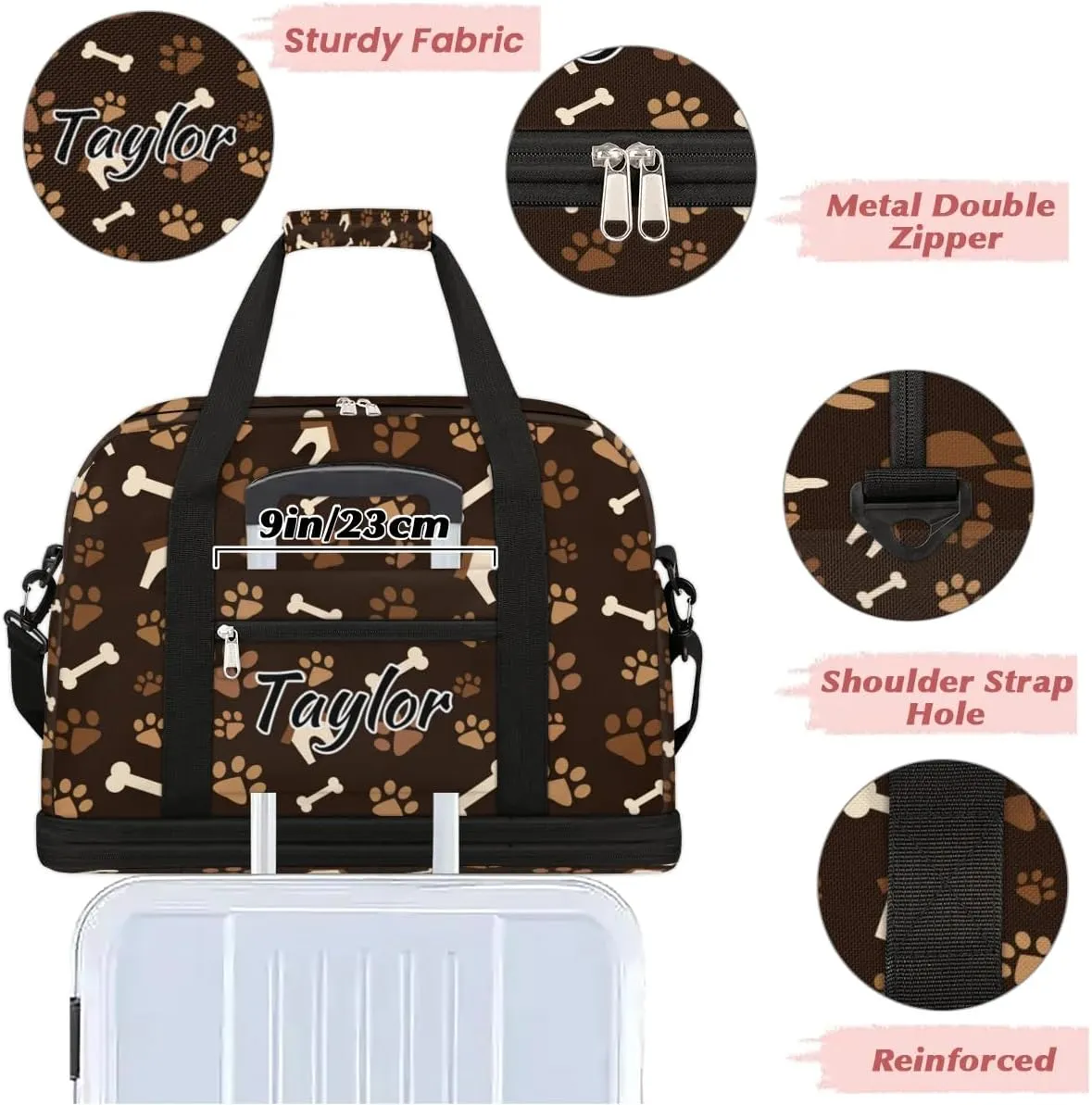 Personalized Duffel Bag with Name, Custom Dog Paw Print Travel Sports Gym Yoga Beach Bag Customized Weekender Overnight Bag with Shoes Compartment for Women, Footprint with Bones