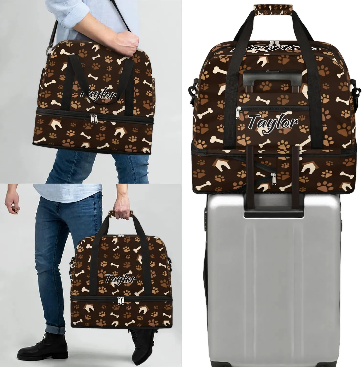 Personalized Duffel Bag with Name, Custom Dog Paw Print Travel Sports Gym Yoga Beach Bag Customized Weekender Overnight Bag with Shoes Compartment for Women, Footprint with Bones