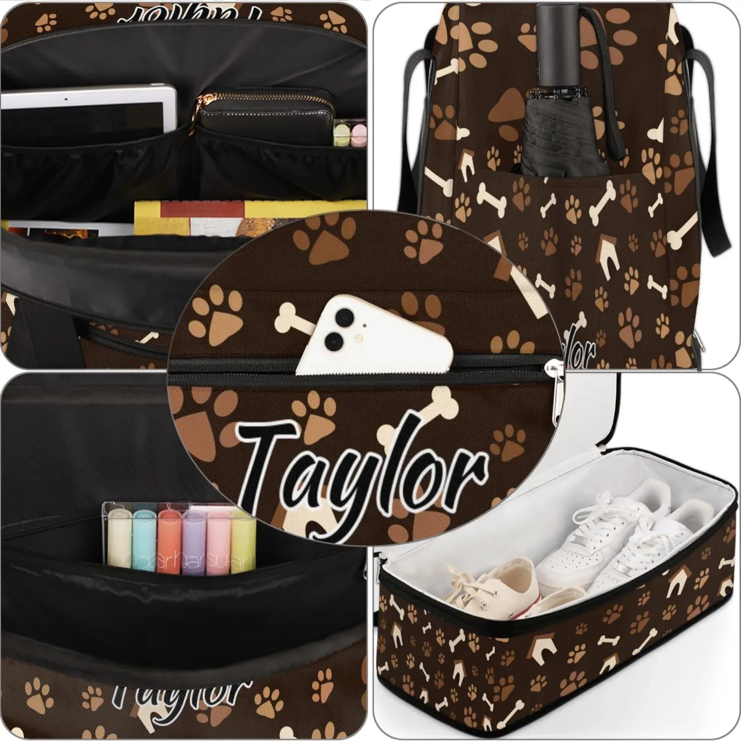 Personalized Duffel Bag with Name, Custom Dog Paw Print Travel Sports Gym Yoga Beach Bag Customized Weekender Overnight Bag with Shoes Compartment for Women, Footprint with Bones