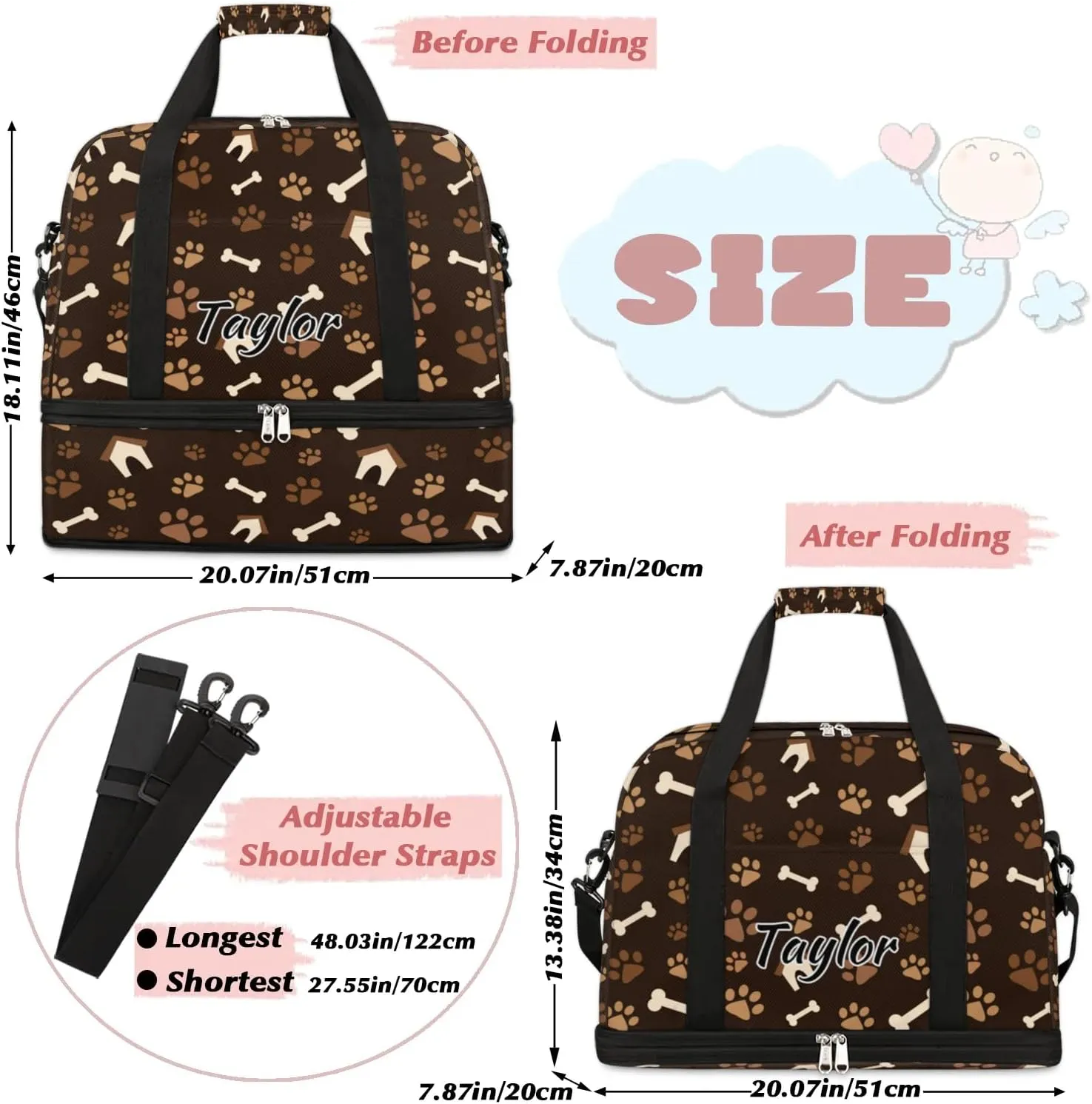 Personalized Duffel Bag with Name, Custom Dog Paw Print Travel Sports Gym Yoga Beach Bag Customized Weekender Overnight Bag with Shoes Compartment for Women, Footprint with Bones