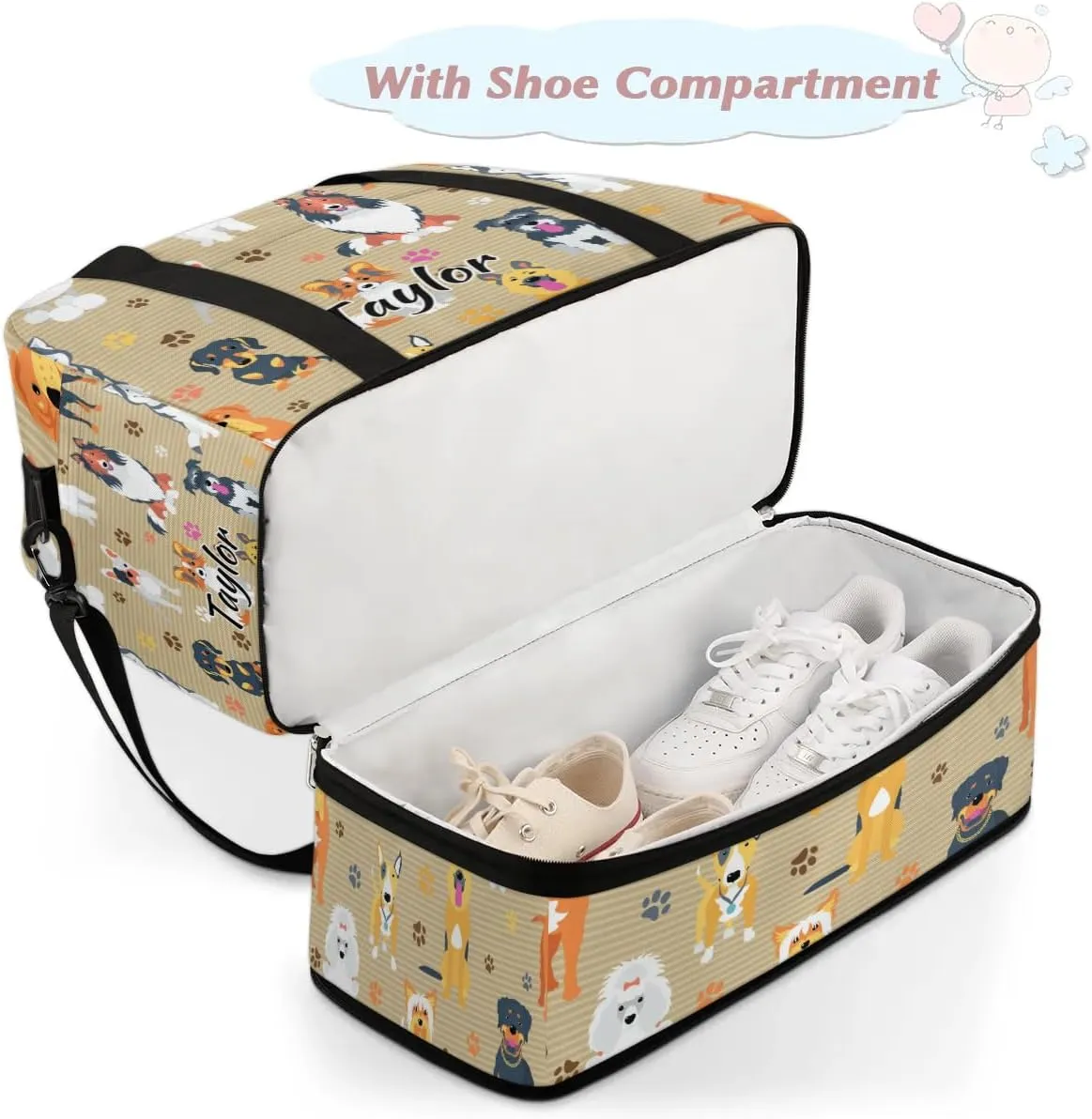 Personalized Duffel Bag with Name, Custom Dog Travel Sports Gym Yoga Beach Bag Customized Weekender Overnight Bag with Shoes Compartment for Women, Dog Breeds Profiles Pets