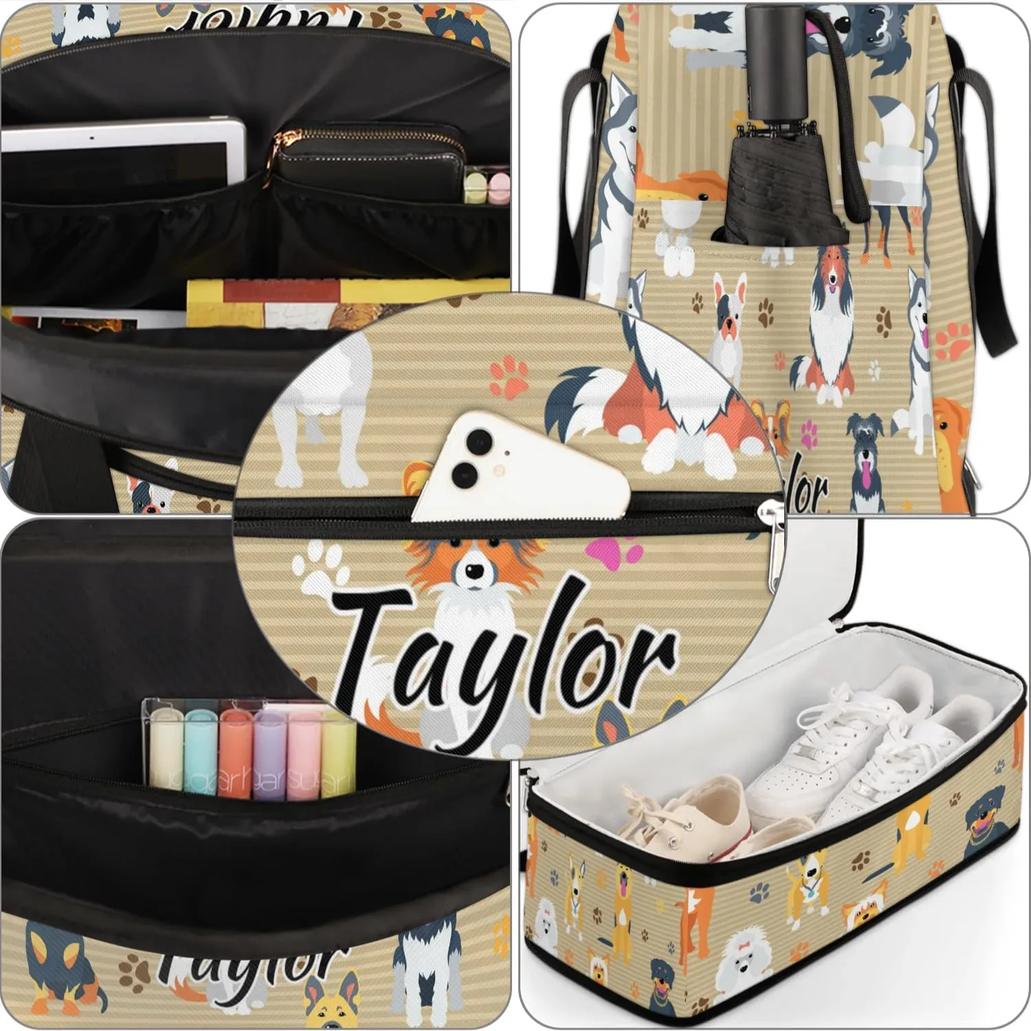 Personalized Duffel Bag with Name, Custom Dog Travel Sports Gym Yoga Beach Bag Customized Weekender Overnight Bag with Shoes Compartment for Women, Dog Breeds Profiles Pets