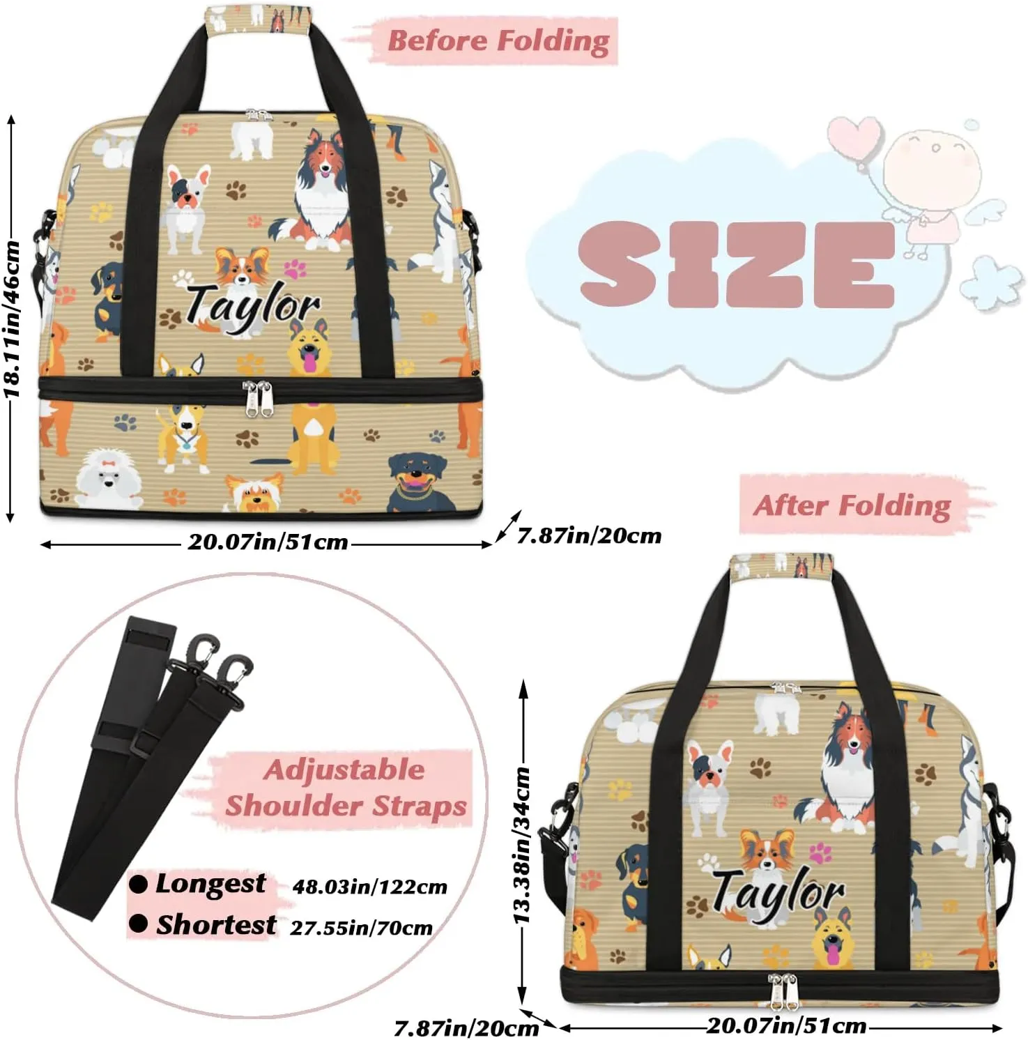 Personalized Duffel Bag with Name, Custom Dog Travel Sports Gym Yoga Beach Bag Customized Weekender Overnight Bag with Shoes Compartment for Women, Dog Breeds Profiles Pets