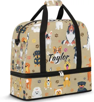 Personalized Duffel Bag with Name, Custom Dog Travel Sports Gym Yoga Beach Bag Customized Weekender Overnight Bag with Shoes Compartment for Women, Dog Breeds Profiles Pets