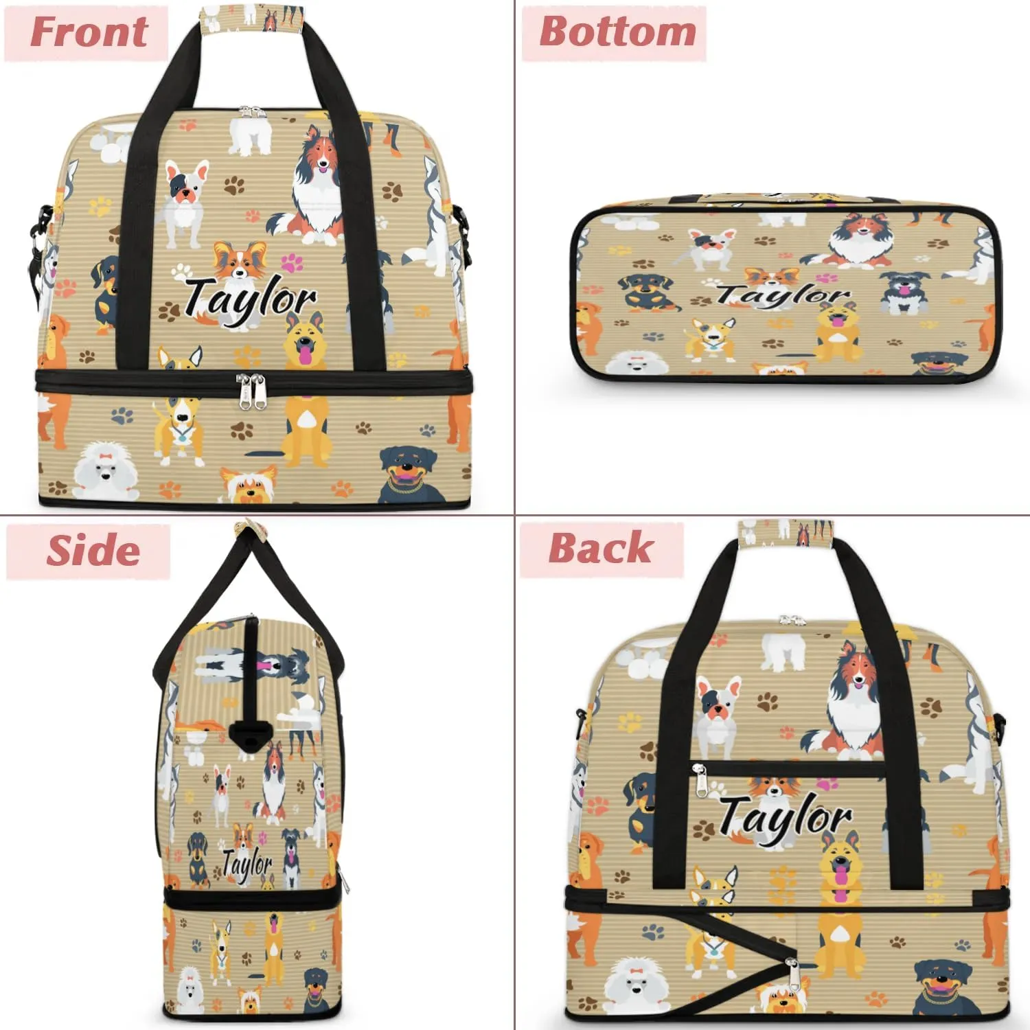 Personalized Duffel Bag with Name, Custom Dog Travel Sports Gym Yoga Beach Bag Customized Weekender Overnight Bag with Shoes Compartment for Women, Dog Breeds Profiles Pets
