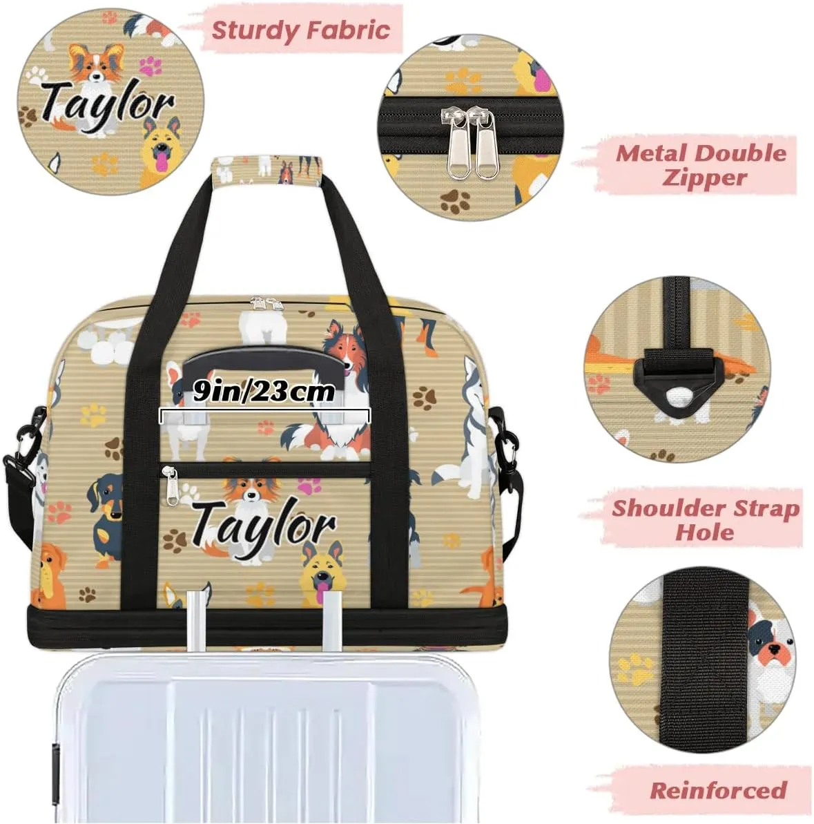 Personalized Duffel Bag with Name, Custom Dog Travel Sports Gym Yoga Beach Bag Customized Weekender Overnight Bag with Shoes Compartment for Women, Dog Breeds Profiles Pets