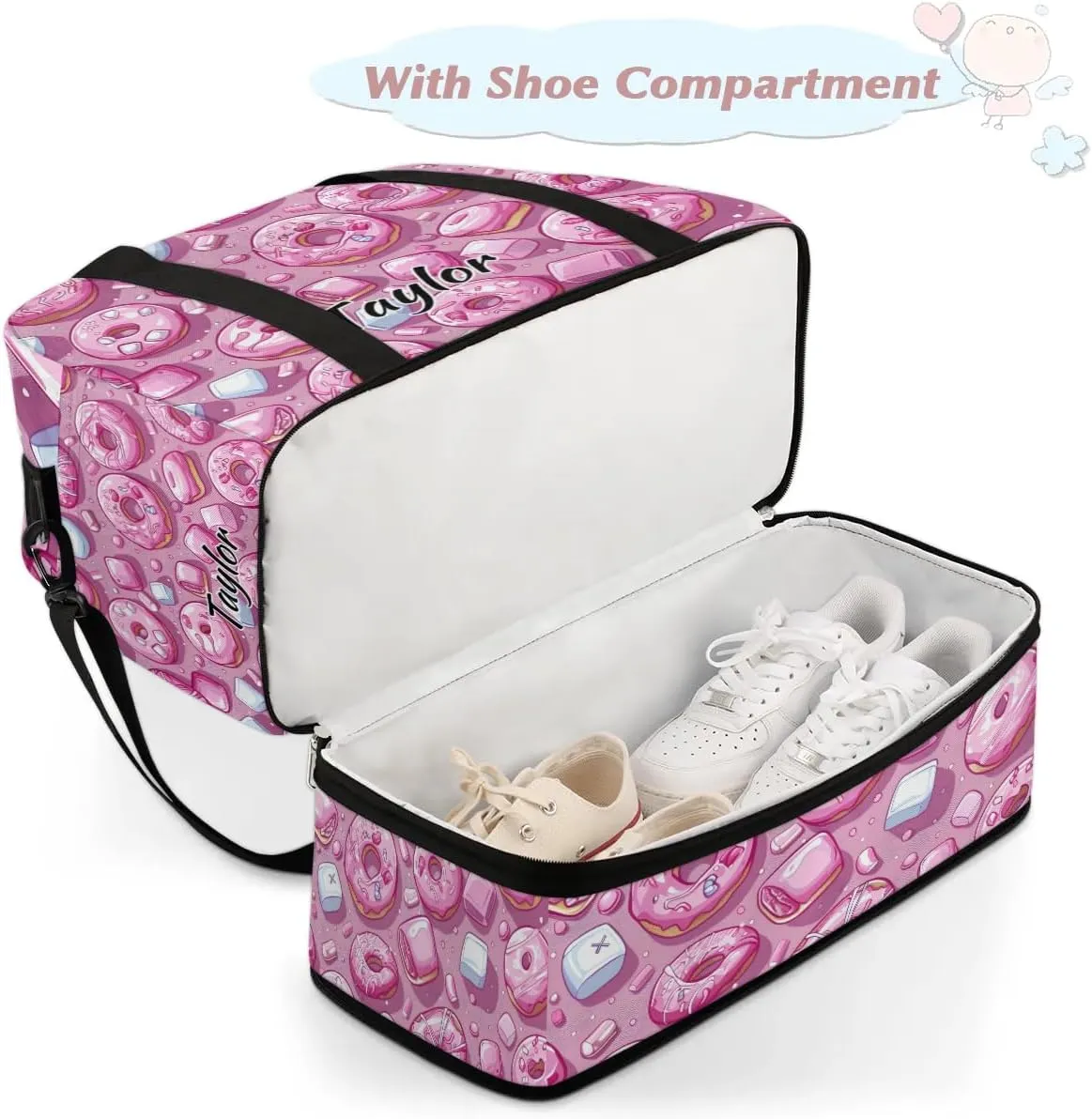 Personalized Duffel Bag with Name, Custom Donuts Travel Sports Gym Yoga Beach Bag Customized Weekender Overnight Bag with Shoes Compartment for Women, Colorful Donut
