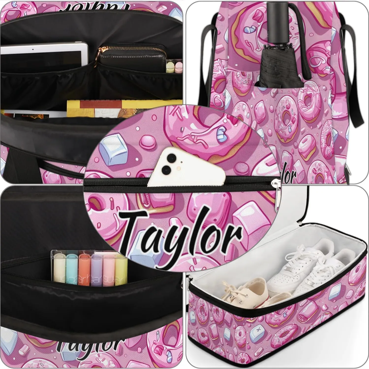 Personalized Duffel Bag with Name, Custom Donuts Travel Sports Gym Yoga Beach Bag Customized Weekender Overnight Bag with Shoes Compartment for Women, Colorful Donut