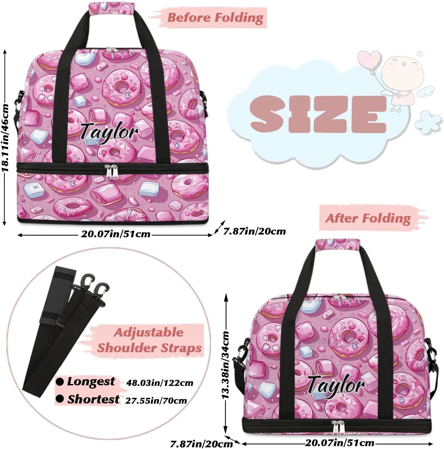 Personalized Duffel Bag with Name, Custom Donuts Travel Sports Gym Yoga Beach Bag Customized Weekender Overnight Bag with Shoes Compartment for Women, Colorful Donut